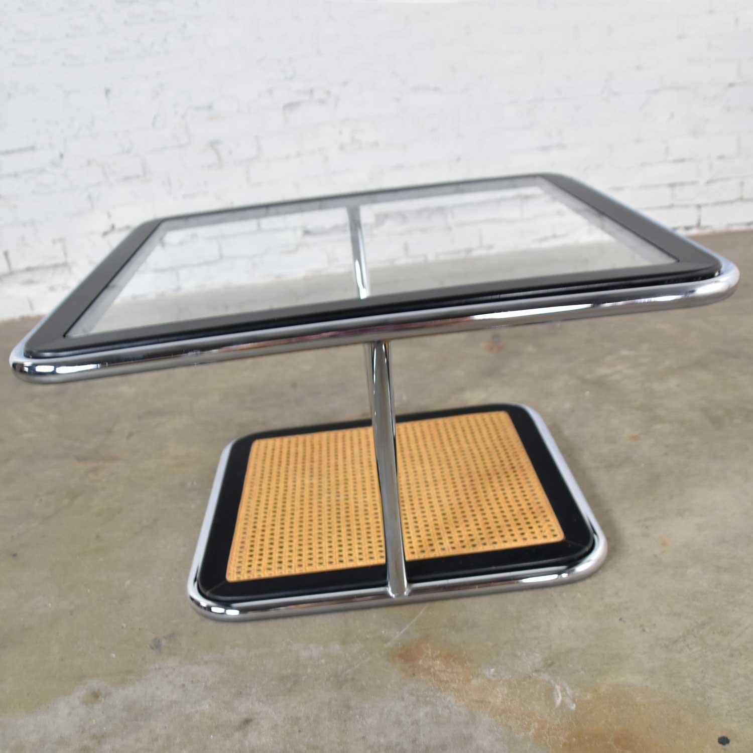 Unknown Thonet Bauhaus Style Chrome Black Cane Glass Square Coffee End Table by Umanoff