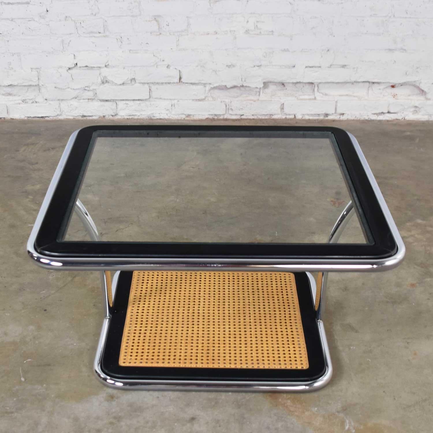 Thonet Bauhaus Style Chrome Black Cane Glass Square Coffee End Table by Umanoff In Good Condition In Topeka, KS