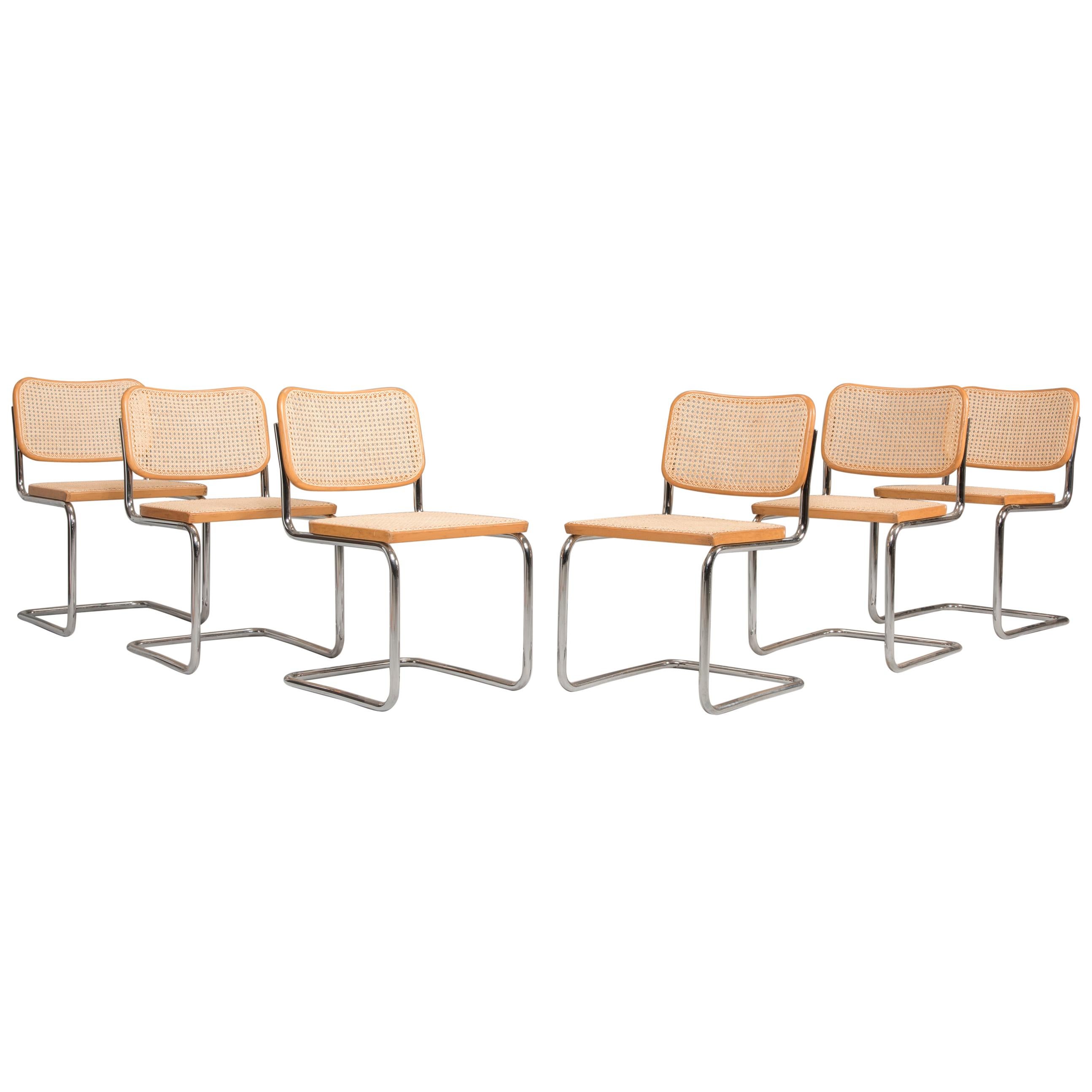Breuer for Gavina Original Cane Seat Tubular Steel Cesca Chairs 1960s, Set of 6