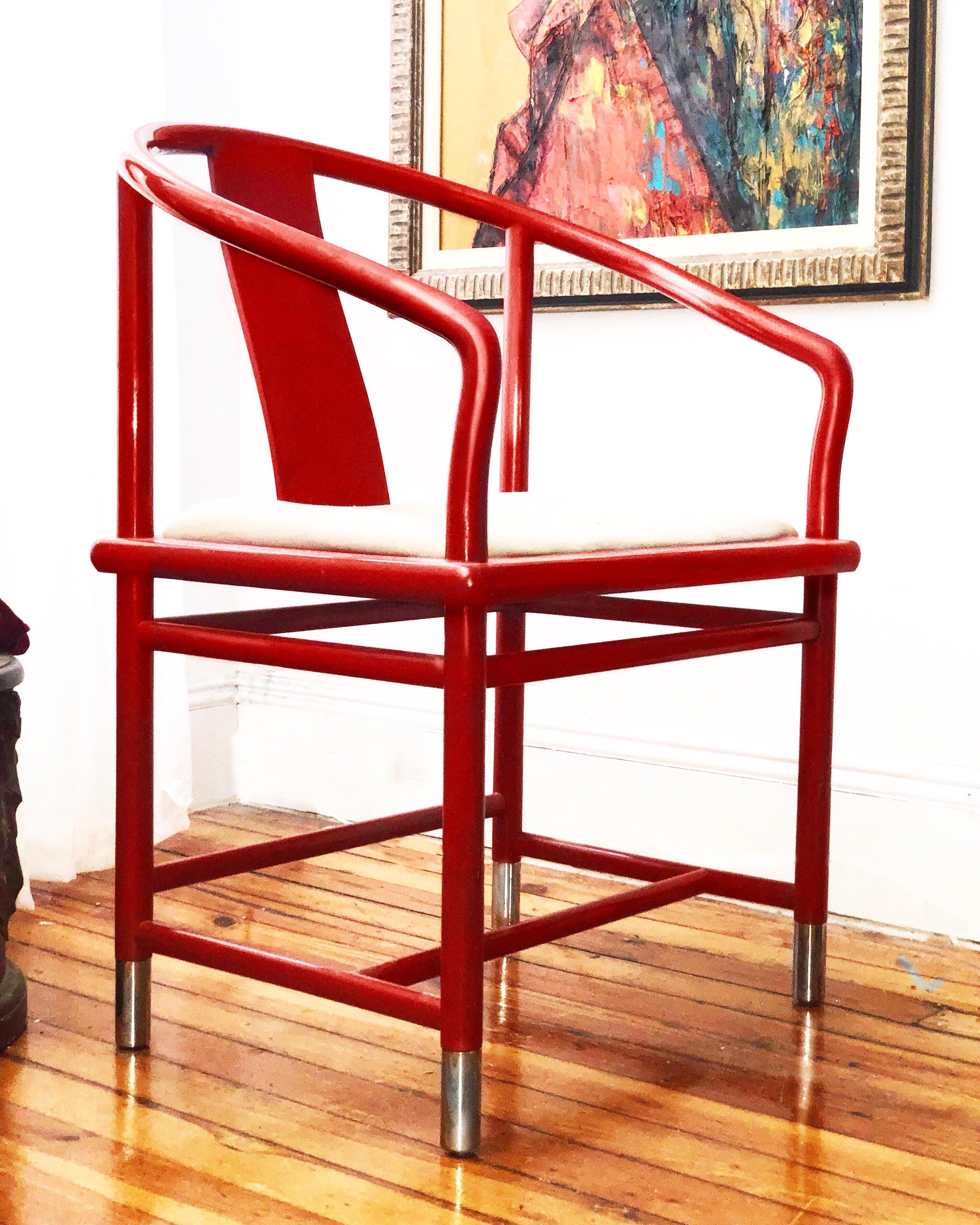 American Breuton Ming-Inspired Mandarin Lipstick Red Chromed Steel Armchairs