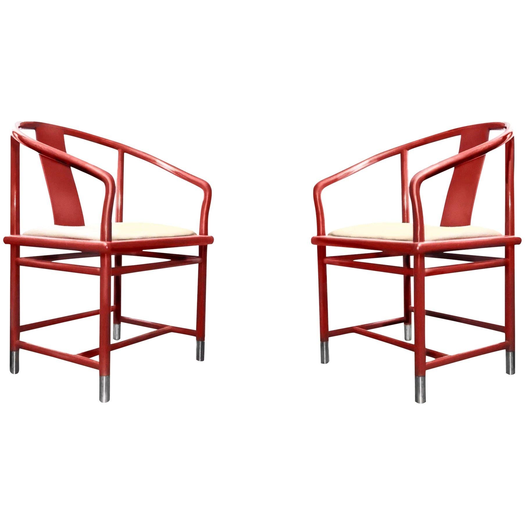 Breuton Ming-Inspired Mandarin Lipstick Red Chromed Steel Armchairs  