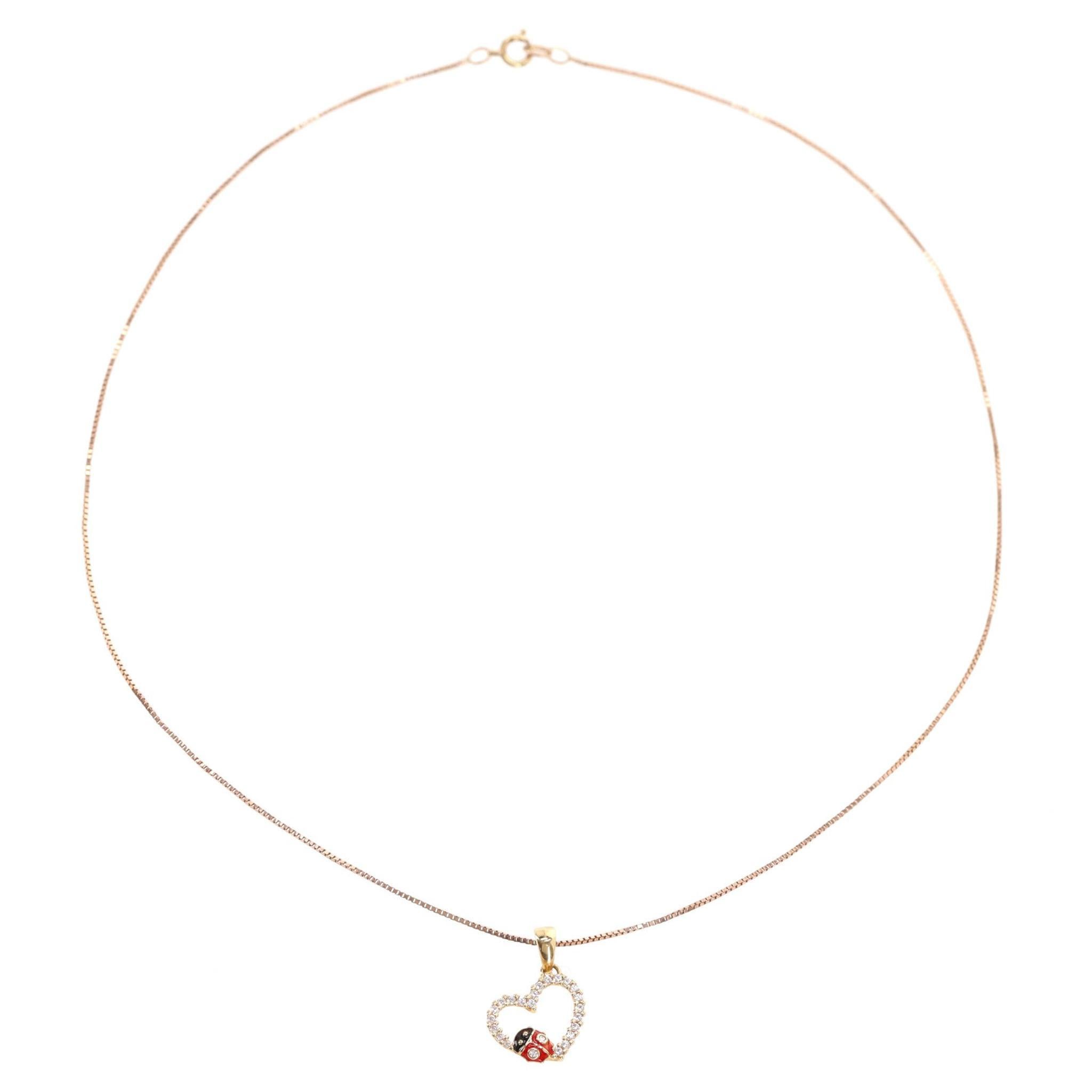Round Cut Brev Italy Lady Bug Heart Diamond & Enamel Pendant Neck In 18k Gold With 9K Gold