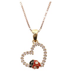 Brev Italy Lady Bug Heart Diamond & Enamel Pendant Neck In 18k Gold With 9K Gold