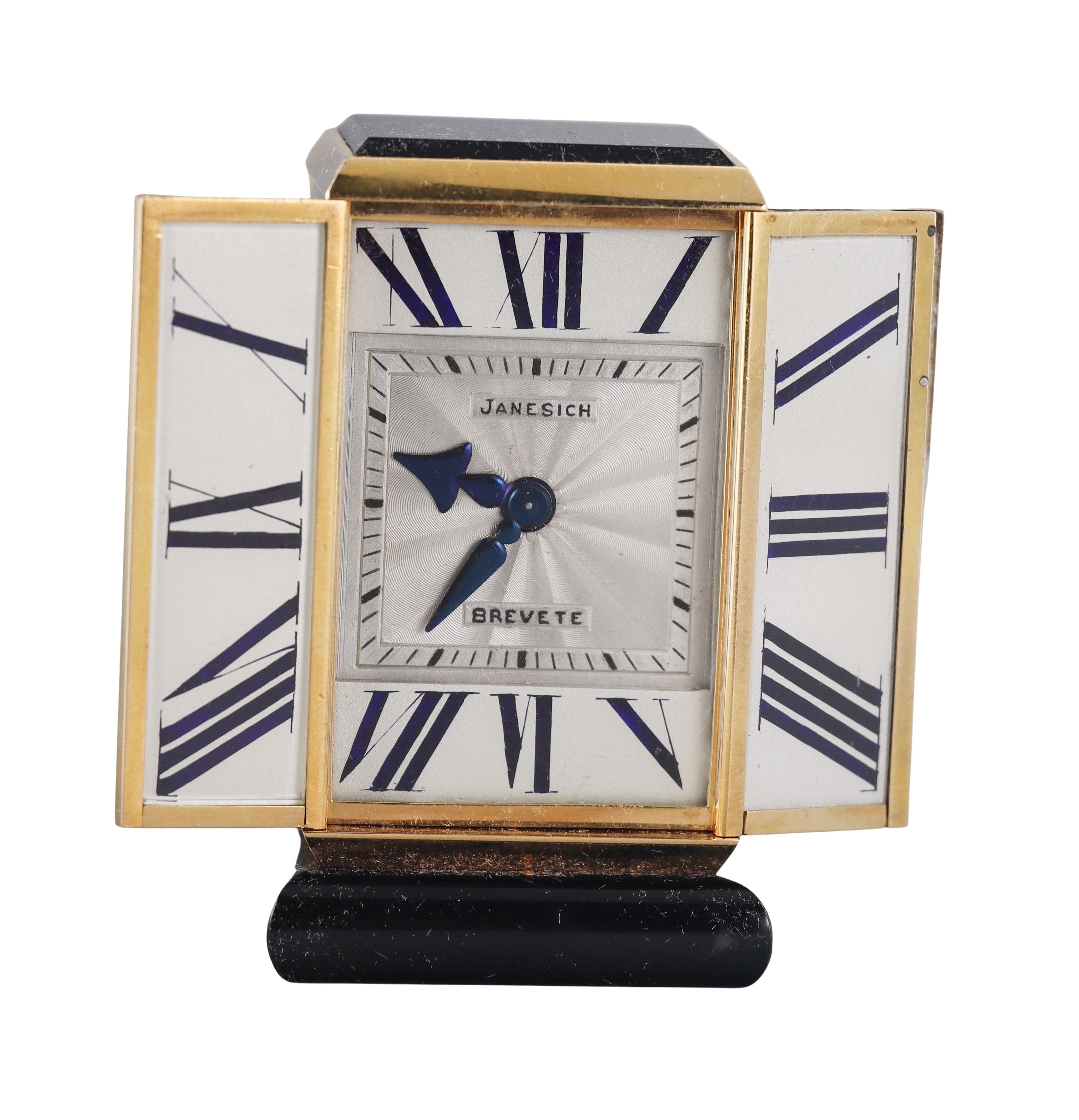 Rose Cut Brevete Janesich Art Deco Yellow Gold Diamond Enamel Desk Clock For Sale