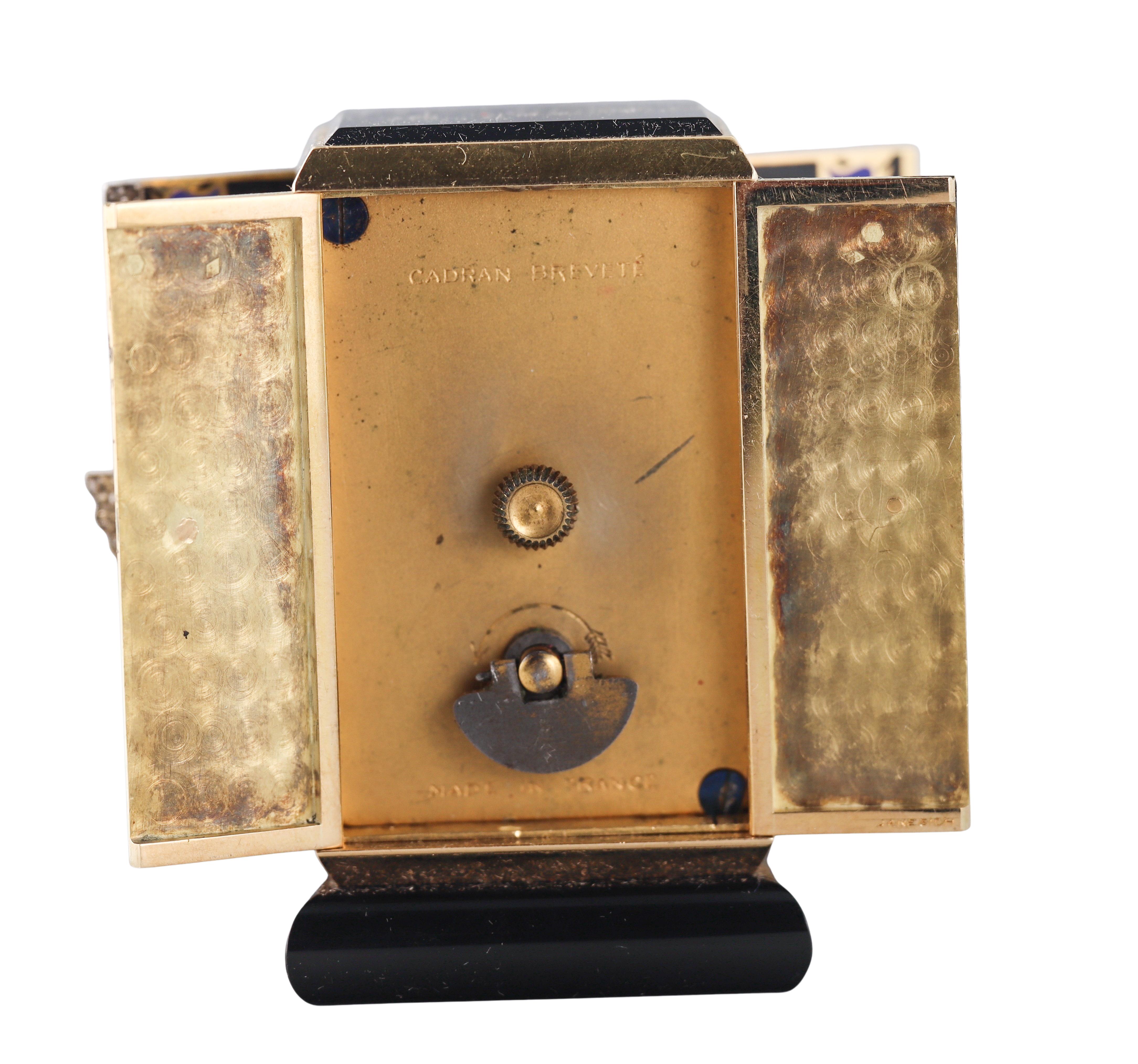 Brevete Janesich Art Deco Yellow Gold Diamond Enamel Desk Clock For Sale 1