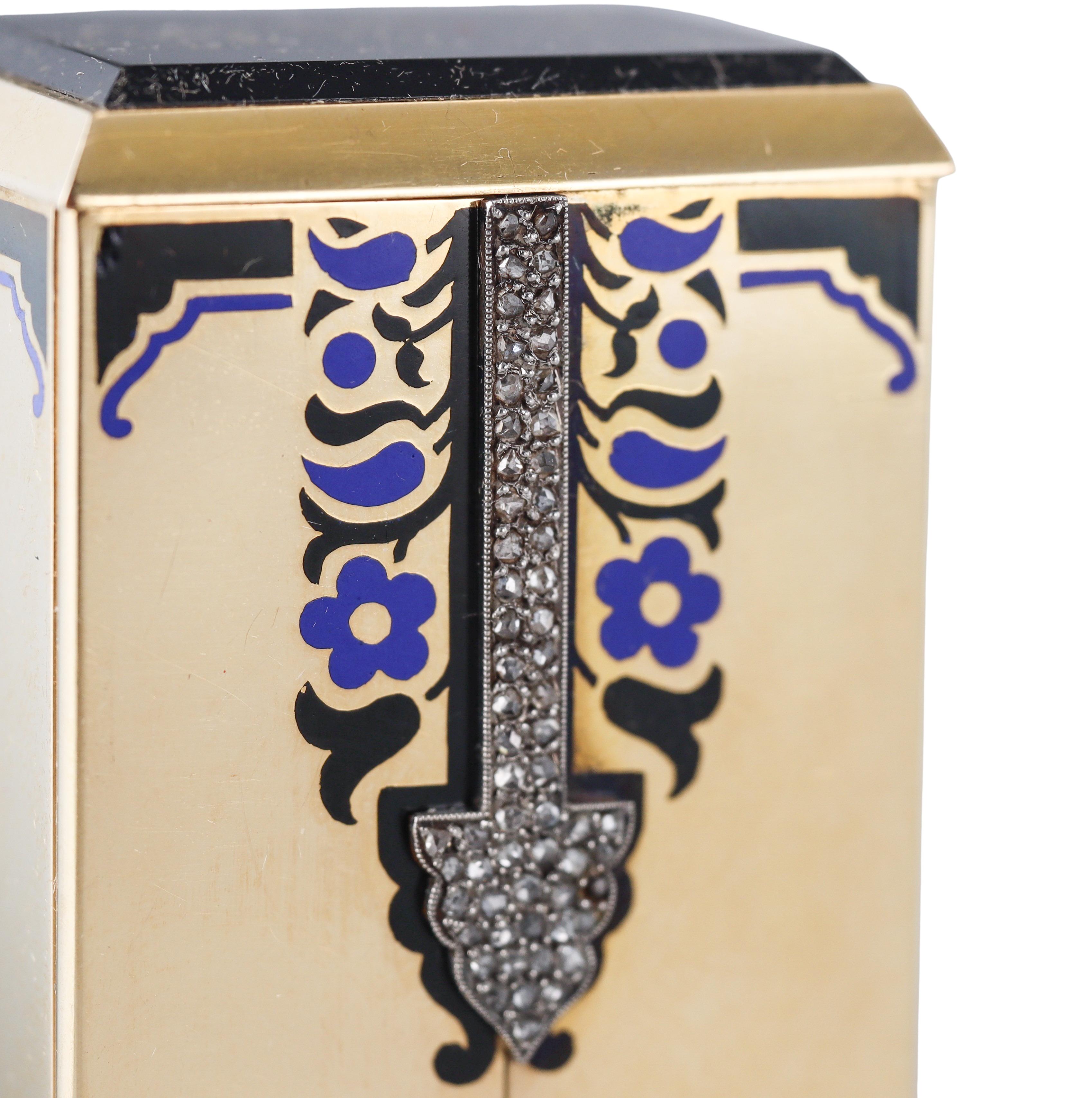 Brevete Janesich Art Deco Yellow Gold Diamond Enamel Desk Clock For Sale 2