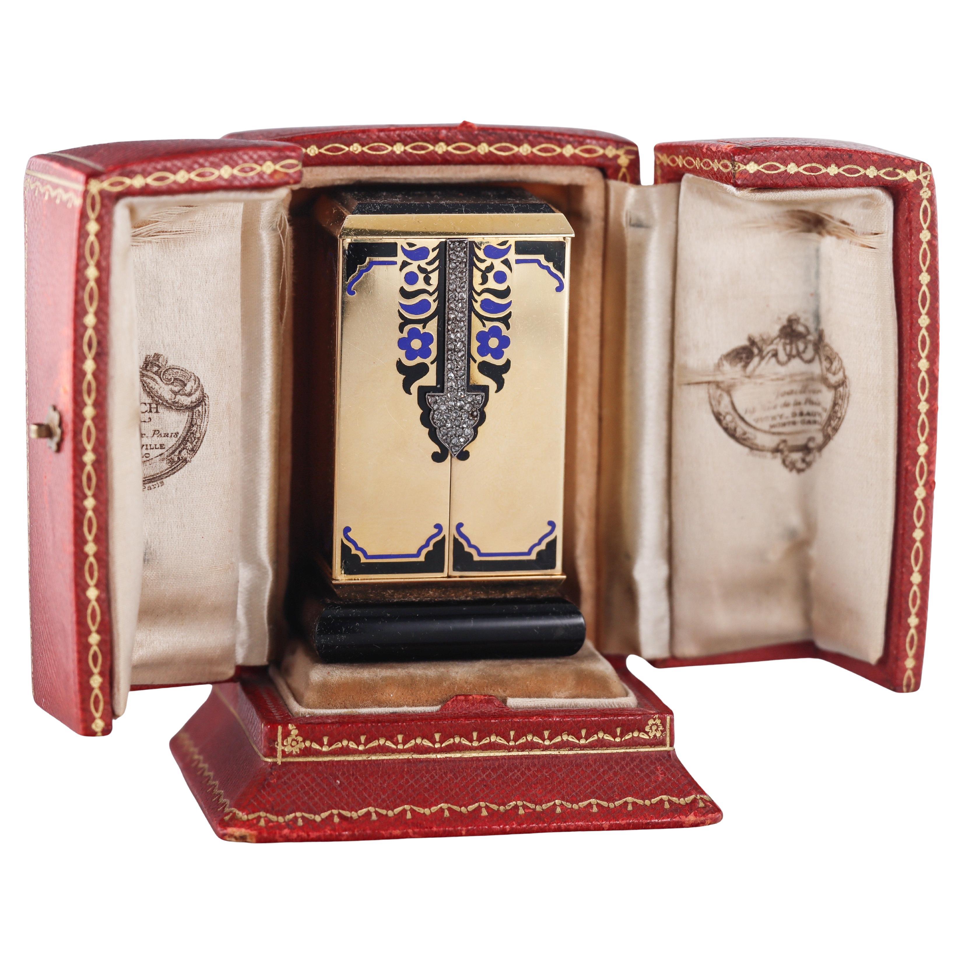 Brevete Janesich Art Deco Yellow Gold Diamond Enamel Desk Clock