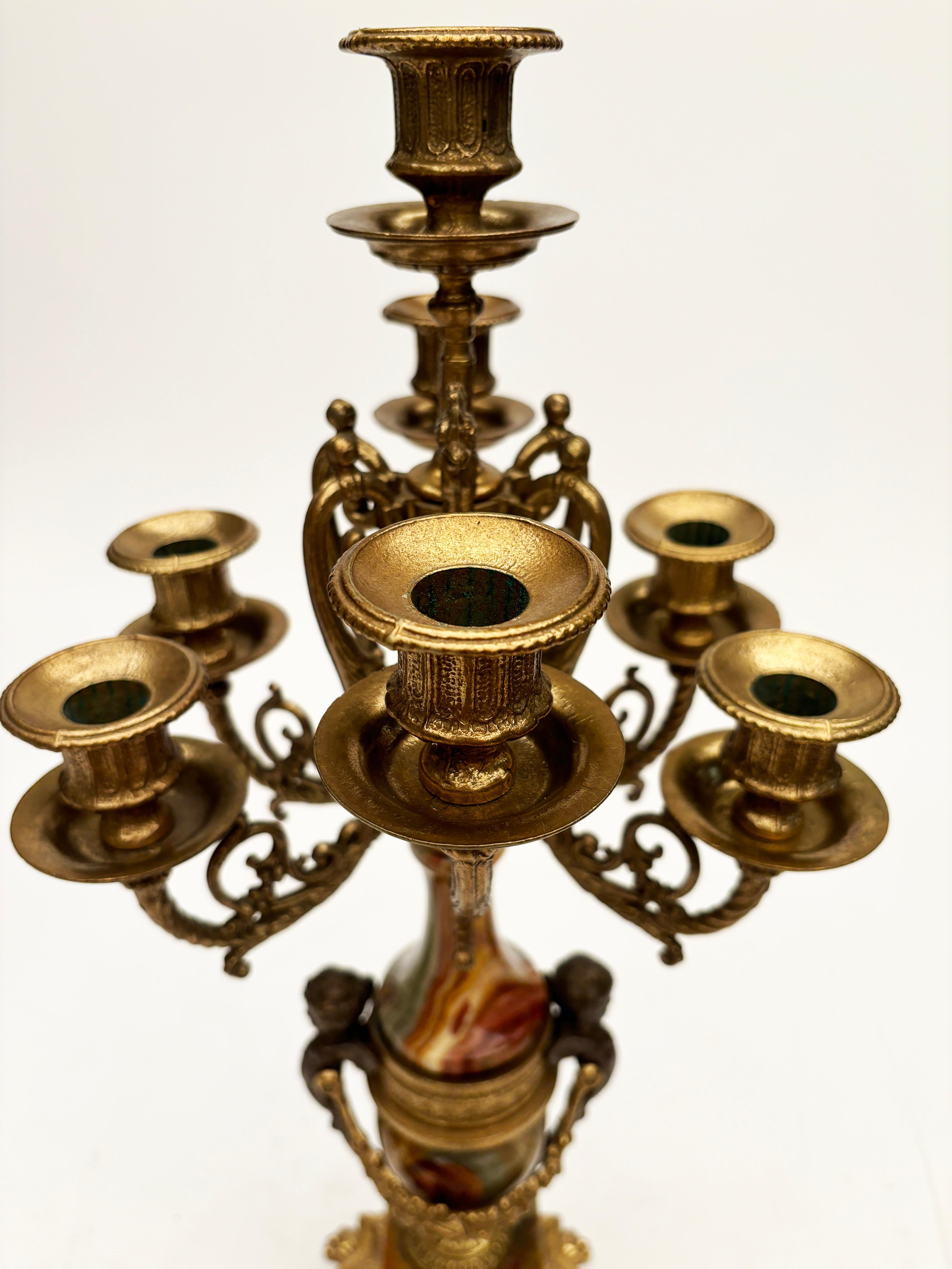 Brevettato Brass and Marble Italian Clock and Candelabras For Sale 9