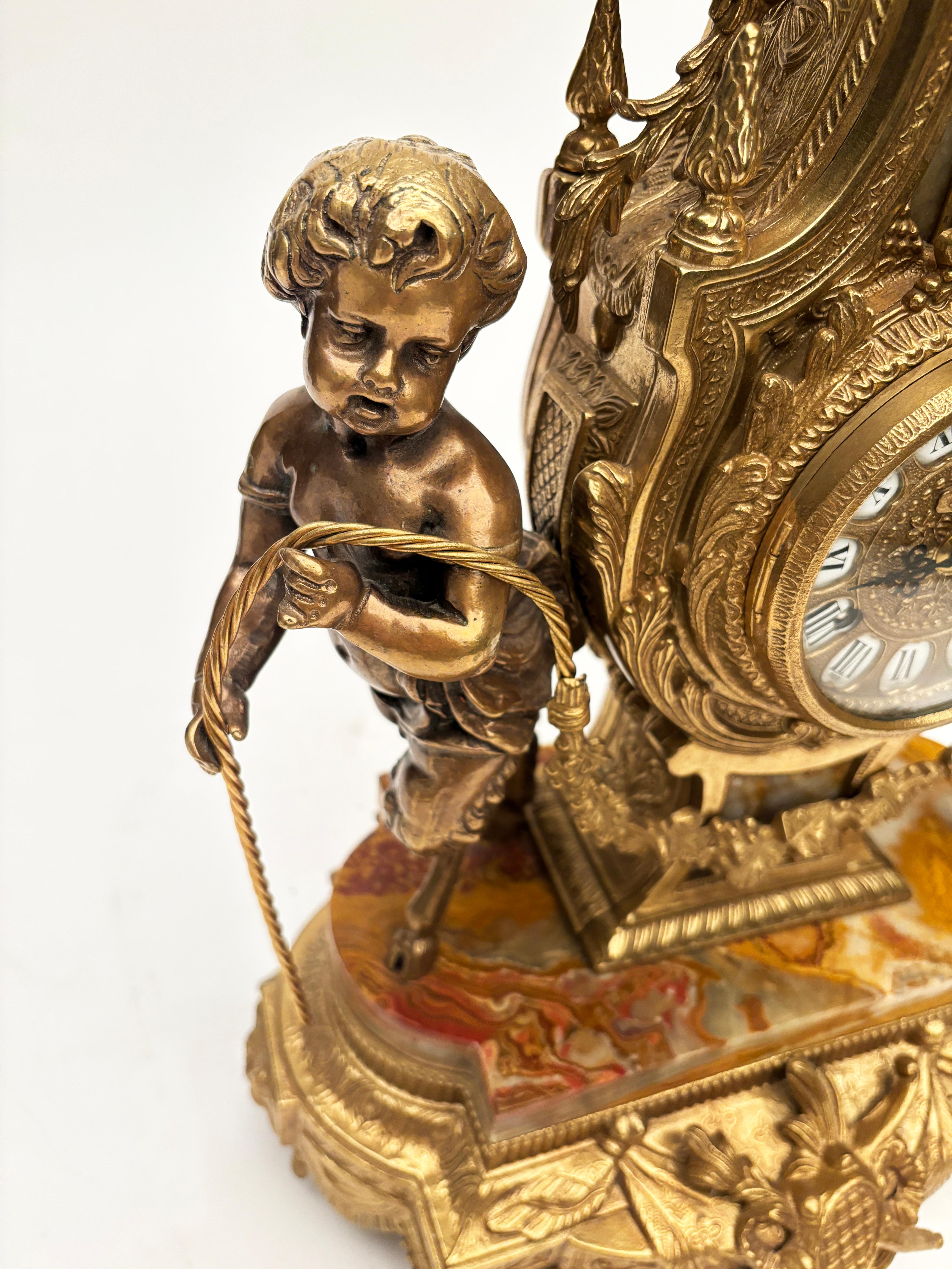 20th Century Brevettato Brass and Marble Italian Clock and Candelabras For Sale
