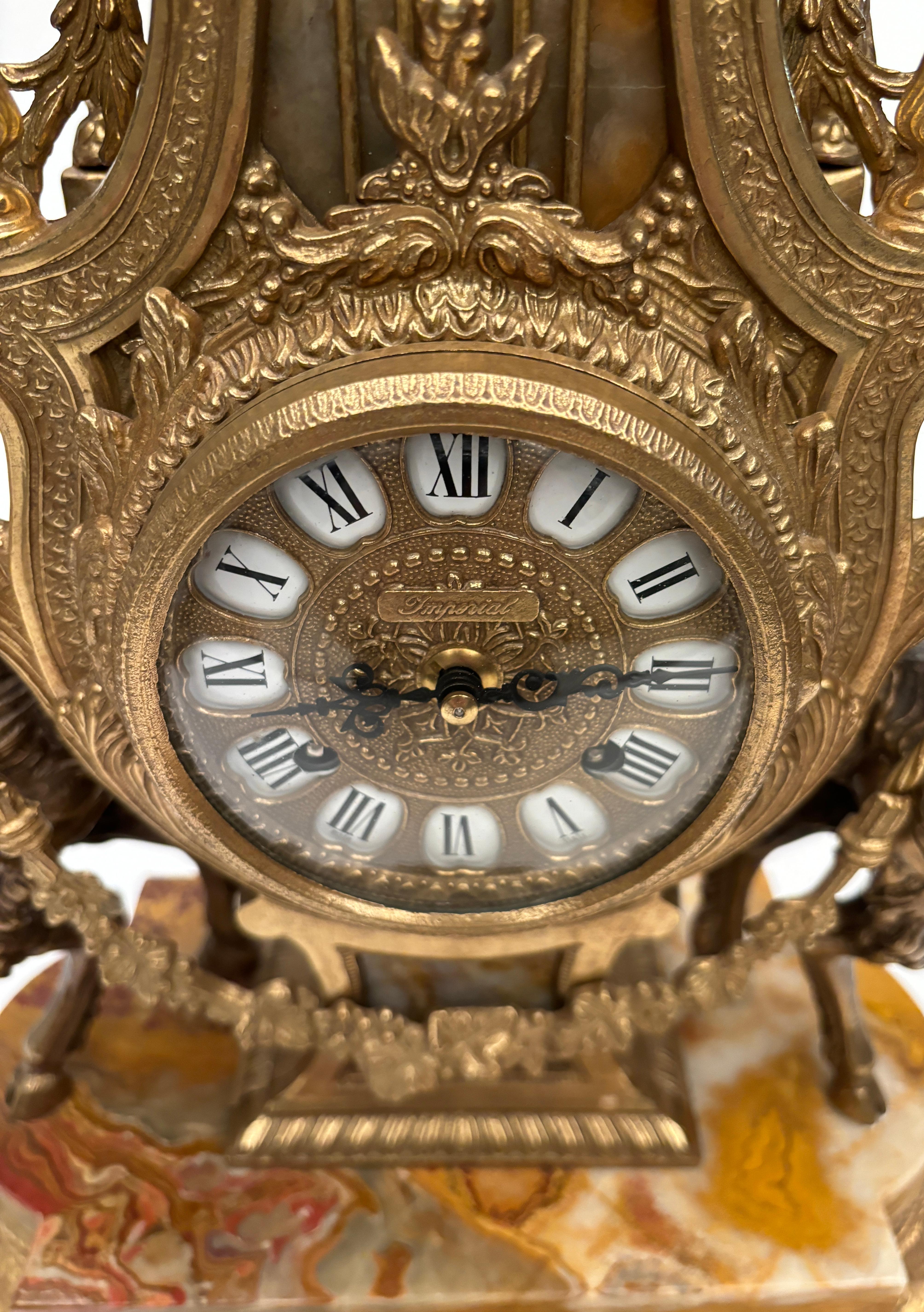Brevettato Brass and Marble Italian Clock and Candelabras For Sale 1