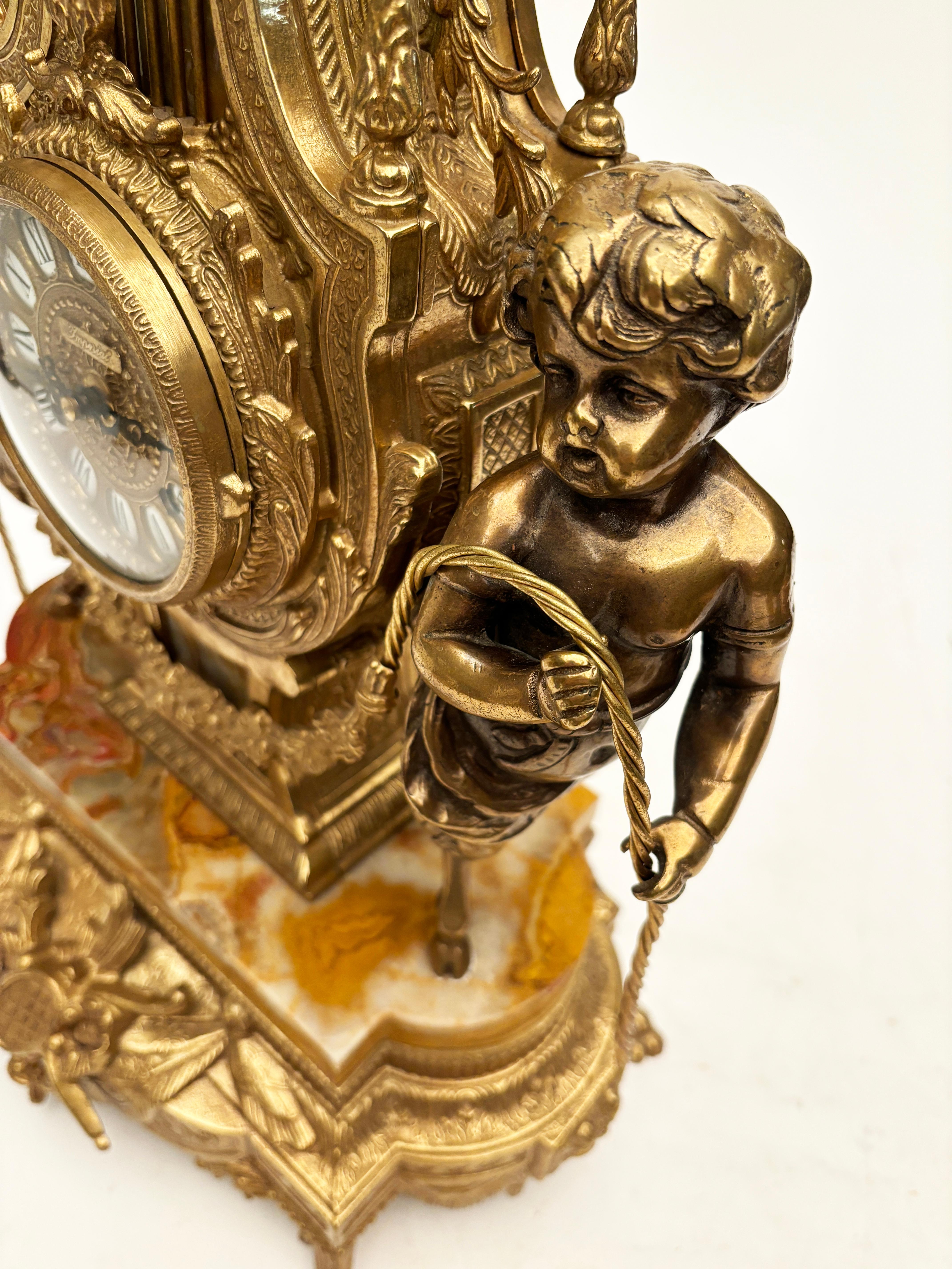 Brevettato Brass and Marble Italian Clock and Candelabras For Sale 3