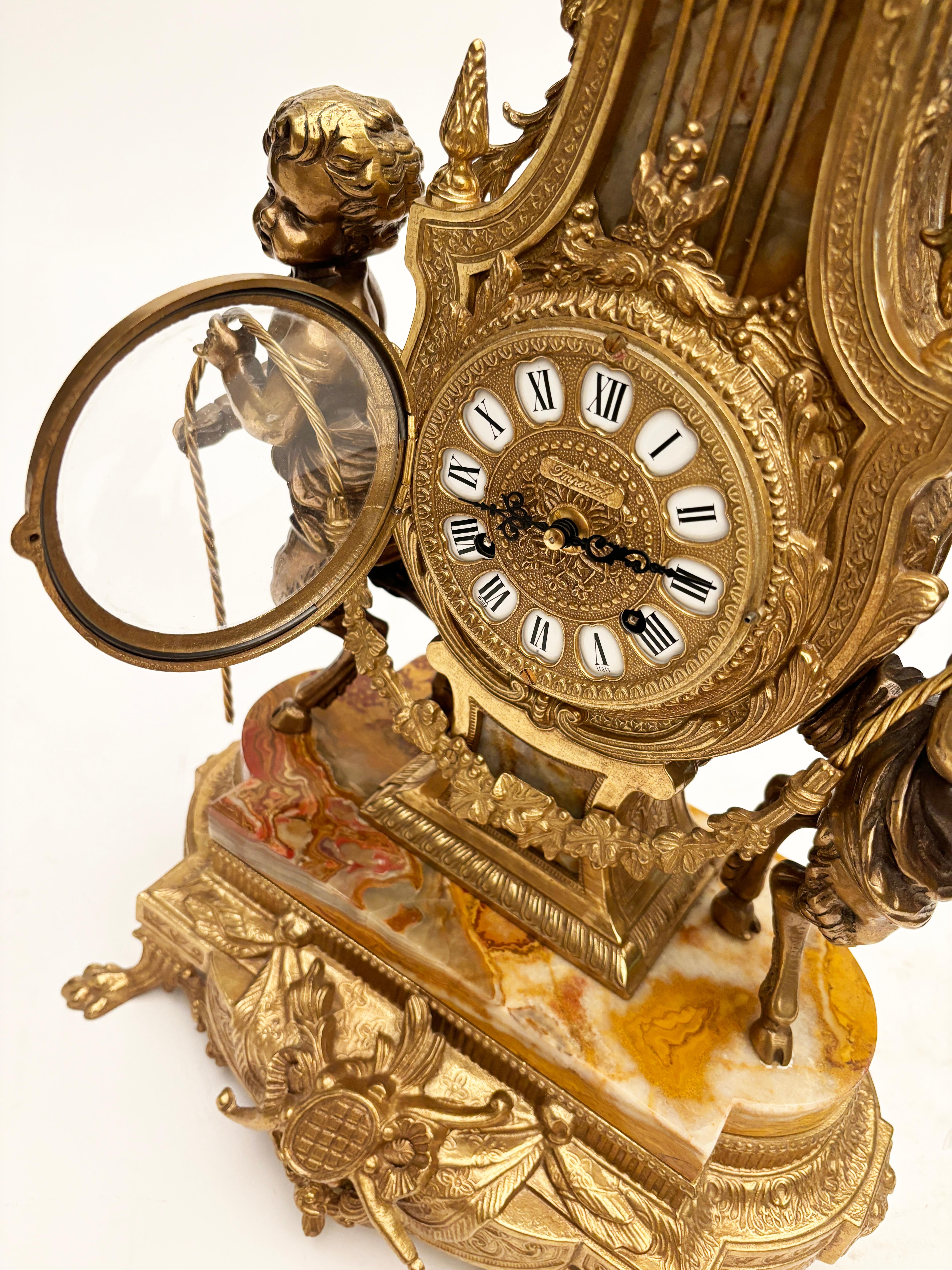 Brevettato Brass and Marble Italian Clock and Candelabras For Sale 1