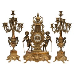 Used Brevettato Brass and Marble Italian Clock and Candelabras