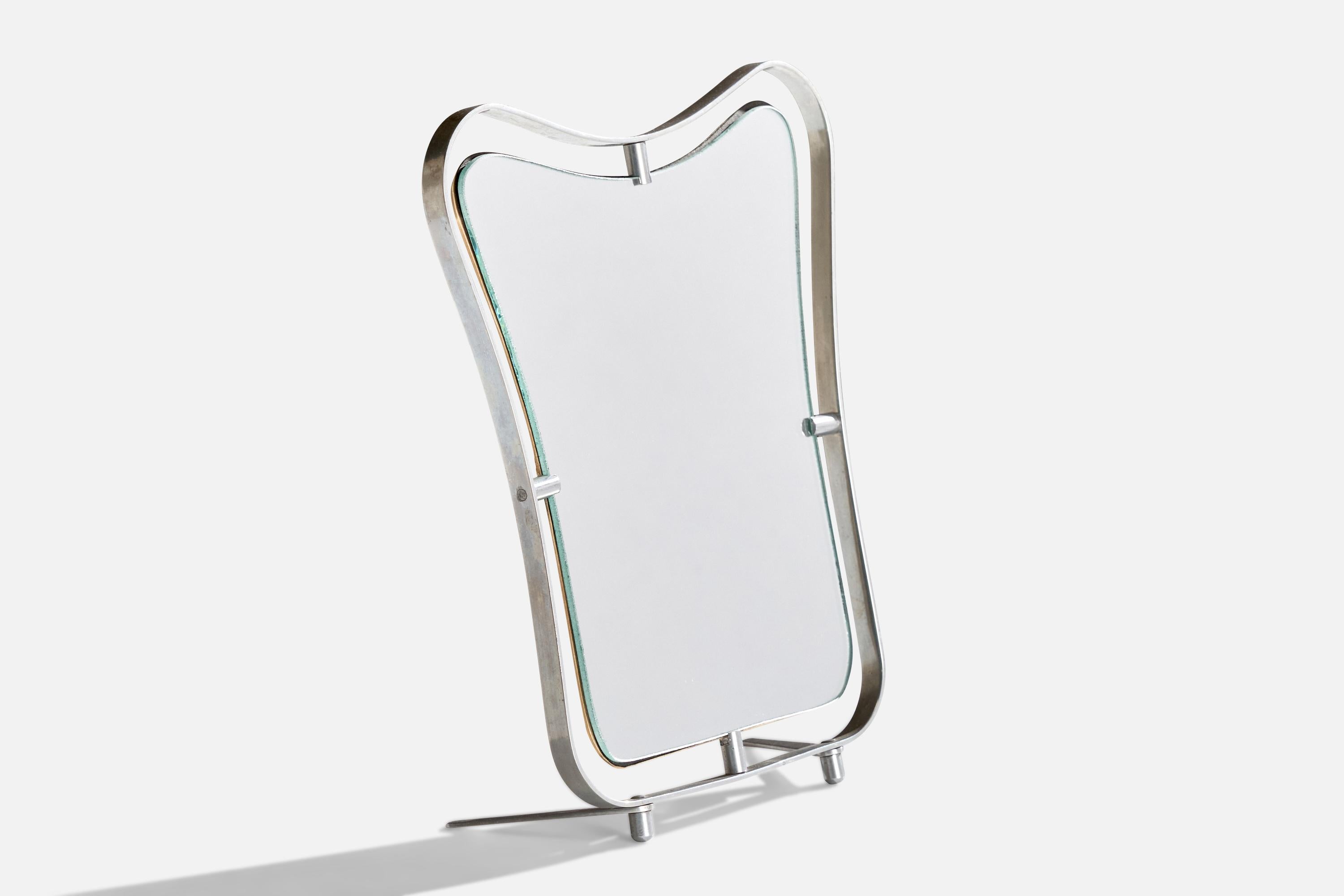 A metal table mirror produced by Brevetto A.L.A, Bologna, Italy, c. 1940s.
 
