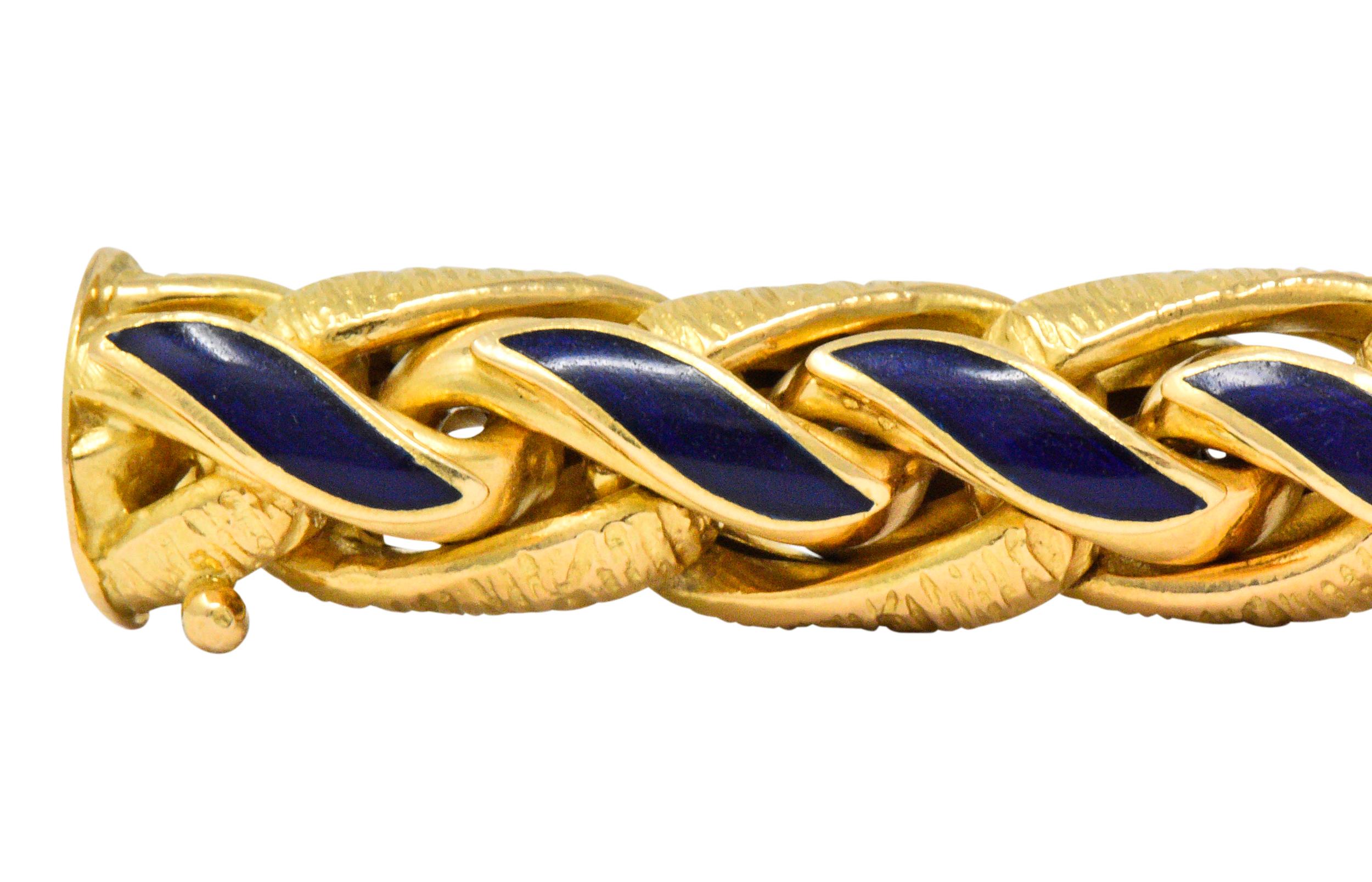 Brevetto Retro Enamel 18 Karat Gold Italian Braided Wheat Bracelet In Excellent Condition In Philadelphia, PA