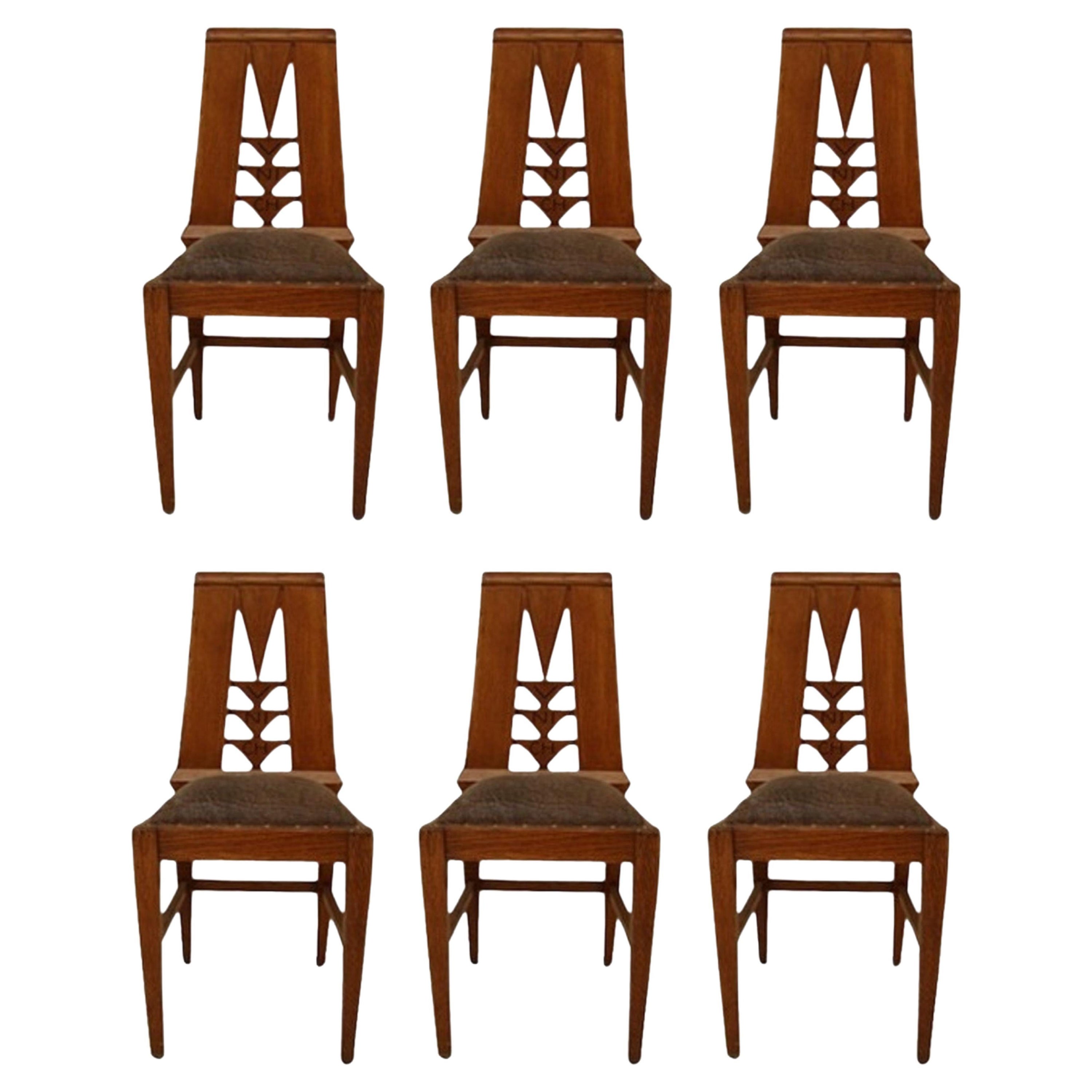 Set di 6 sedie in legno e pelle Jugendstil, Art Nouveau