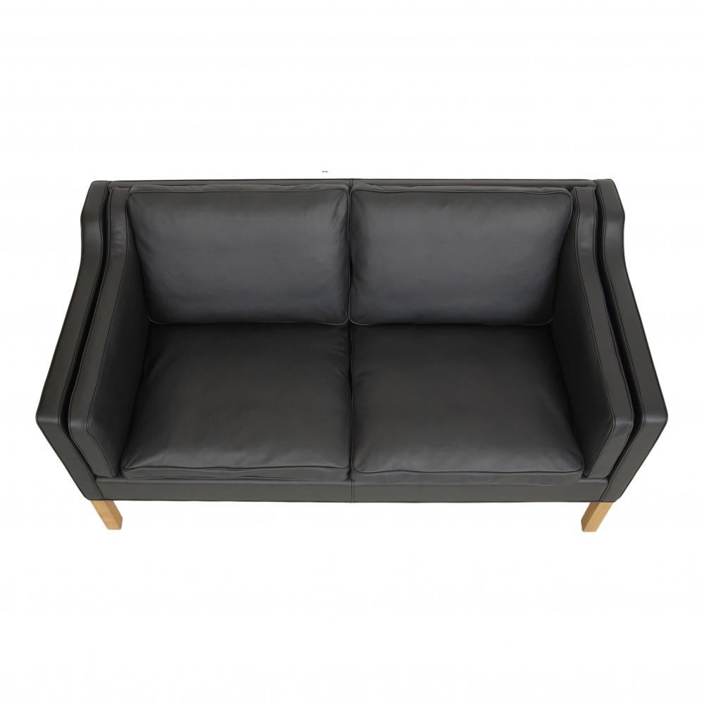 Danish Børge Mogensen 2212 2, Pers Sofa Reupholstered in Leather Black Bizon Leather For Sale