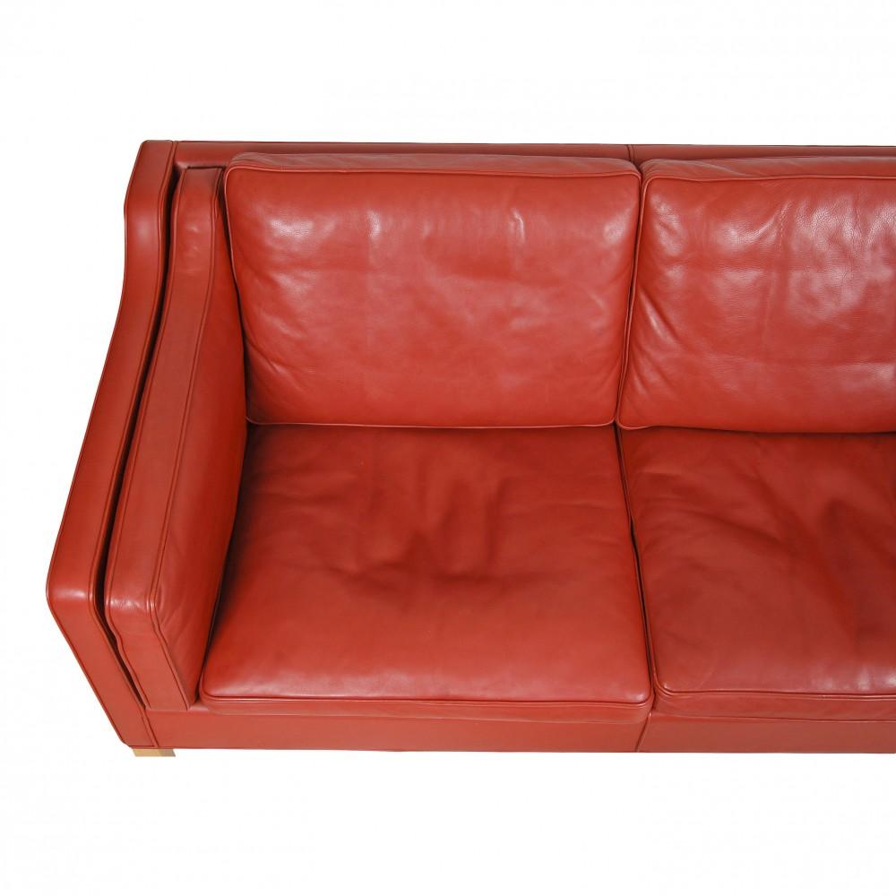Danish Børge Mogensen 2212 Sofa with Red Patinated Leather For Sale