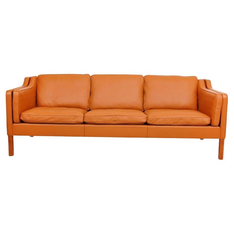 Børge Mogensen 2213 3, Pers Sofa Reupholstered in Cognac Bizon Leather