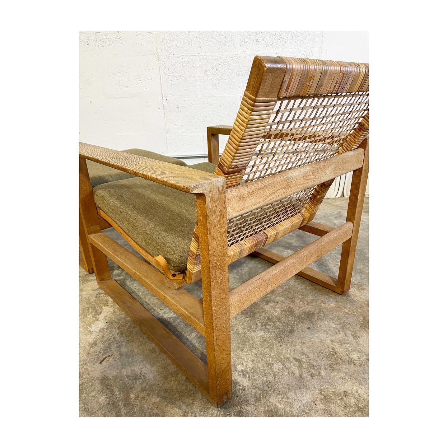 Børge Mogensen lounge chair and ottoman designed in 1956 model number 2254 for Fredericia Stolefabrik. Frame made of solid oak with finger joints and cane. Labeled.