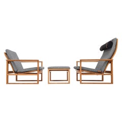 Vintage Børge Mogensen 2256 & 2254 Oak Sled Lounge Chairs with Footstool, Denmark, 1956