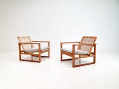 Børge Mogensen 2256 Oak Sled Lounge Chairs in Cane, 1956, Fredericia, Denmark