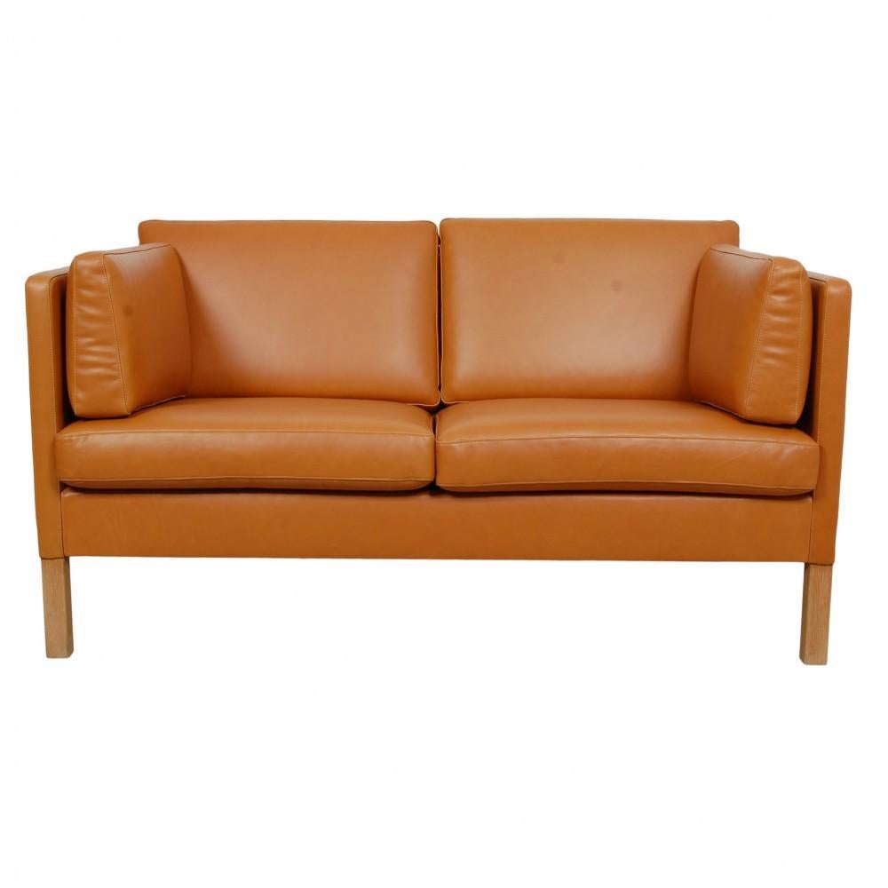 Scandinavian Modern Børge Mogensen 2442, 2, Seater Sofa Reupholstered in Cognac Anilin Leather For Sale