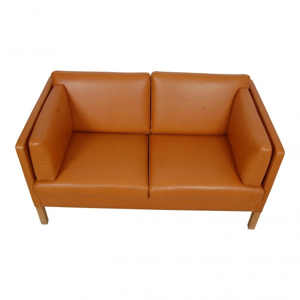 Danish Børge Mogensen 2442, 2, Seater Sofa Reupholstered in Cognac Anilin Leather For Sale
