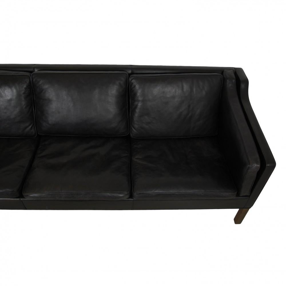 Børge Mogensen 3 Seater Sofa 2213 in Original Black Leather In Fair Condition In Herlev, 84