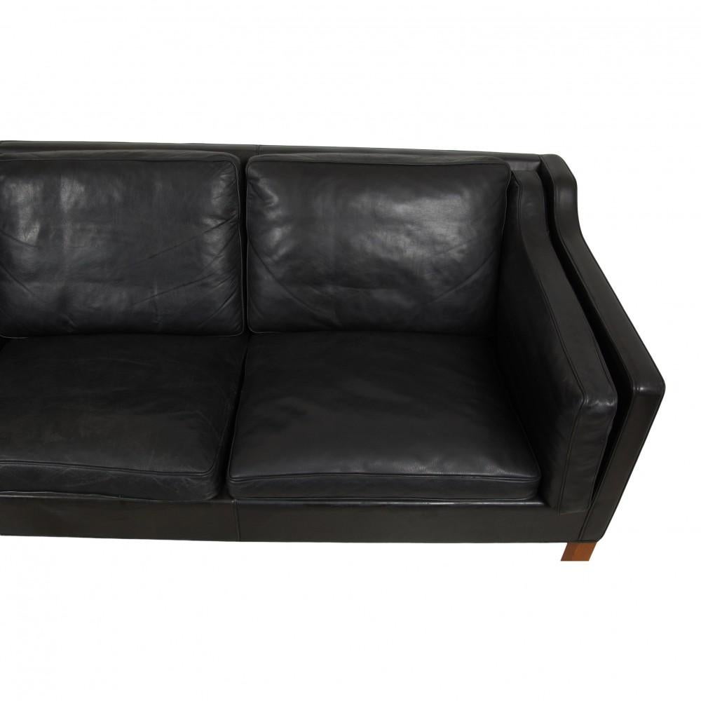 Scandinavian Modern Børge Mogensen 3 Seater Sofa 2213 in Patinated Black Leather For Sale