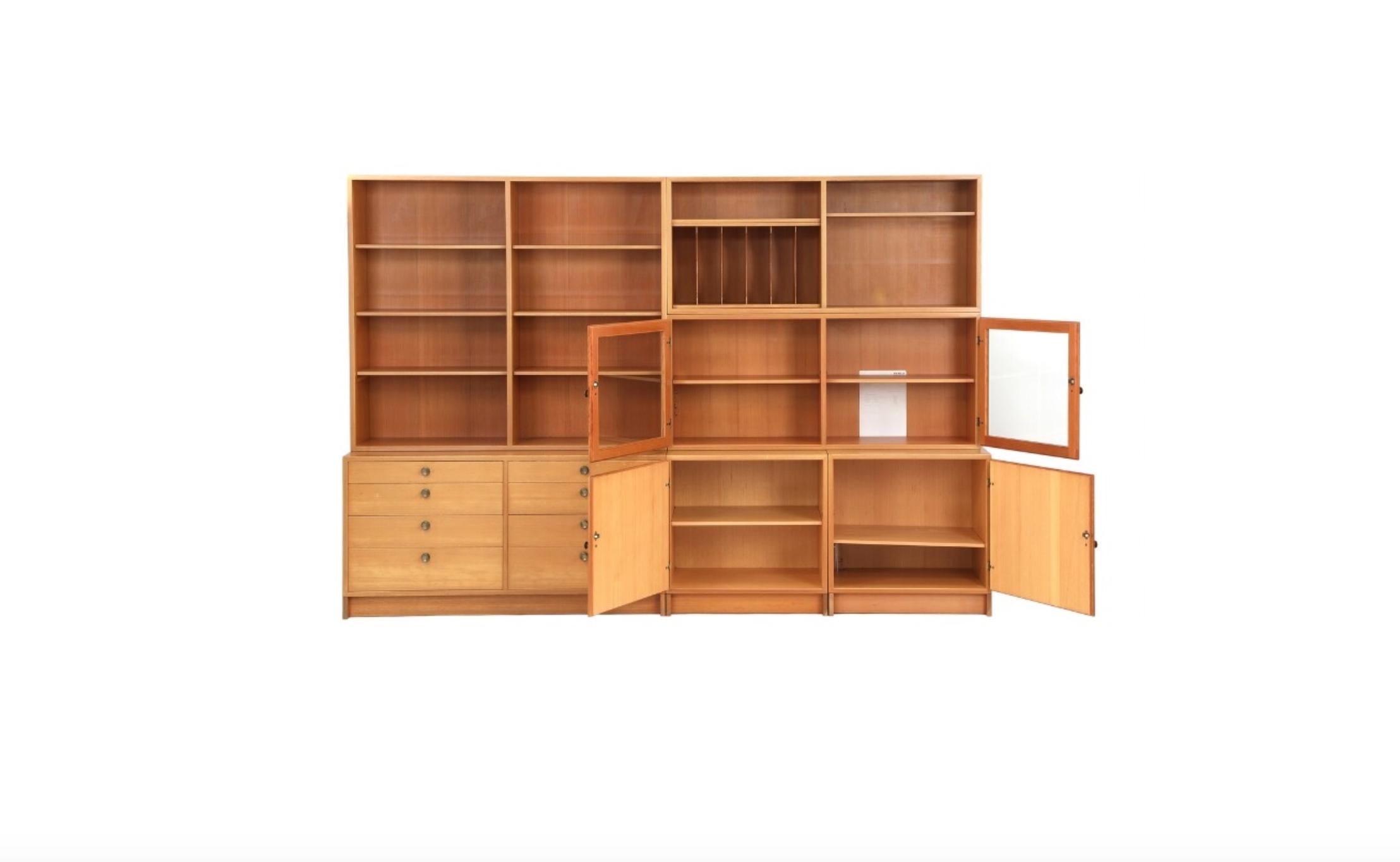 Swedish Børge Mogensen 4 Paneled Shelving and Storage Cabinet in Wood and Glass