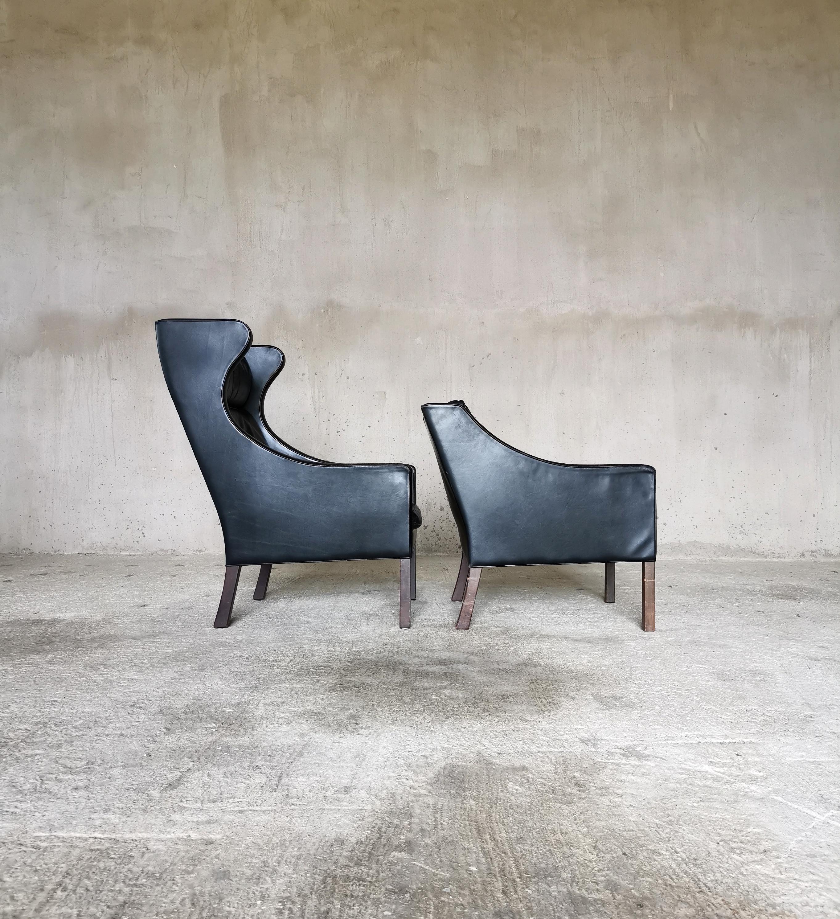 Danish Børge Mogensen Black Leather Lounge Chair 2207 Fredericia Furniture Denmark 1960 For Sale