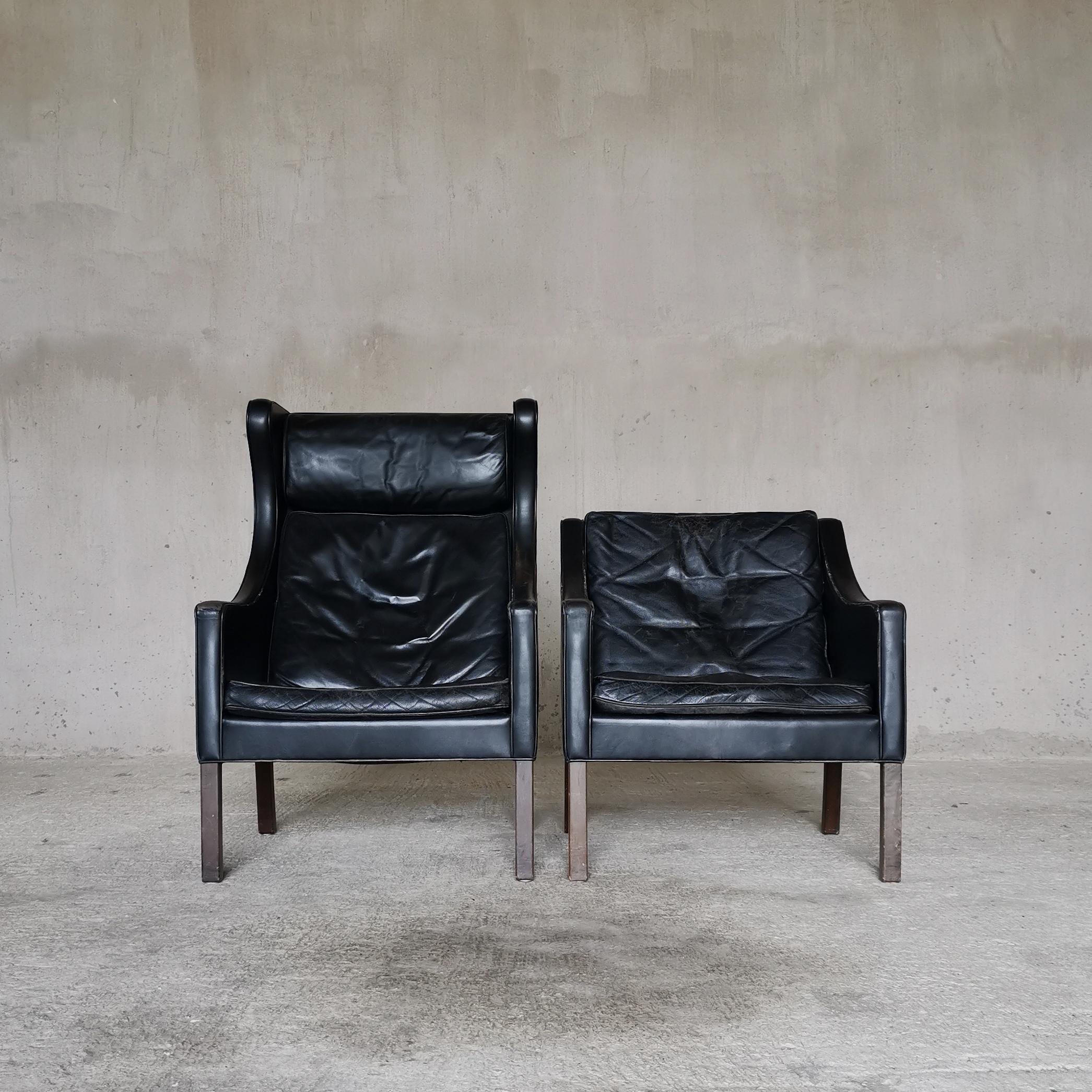 Børge Mogensen Black Leather Lounge Chair 2207 Fredericia Furniture Denmark 1960 In Fair Condition For Sale In Ystad, SE