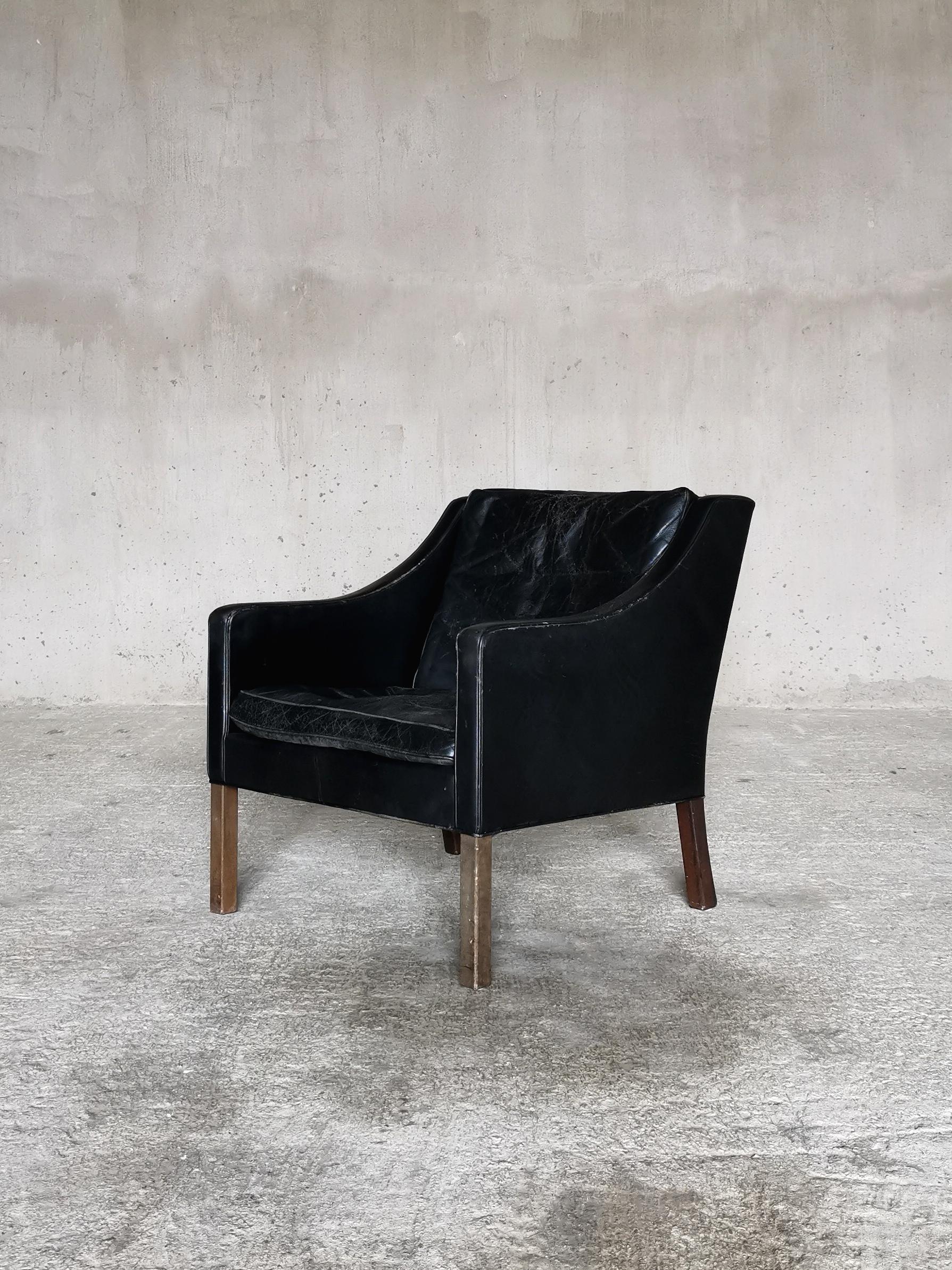 Børge Mogensen Black Leather Lounge Chair 2207 Fredericia Furniture Denmark 1960 For Sale 2