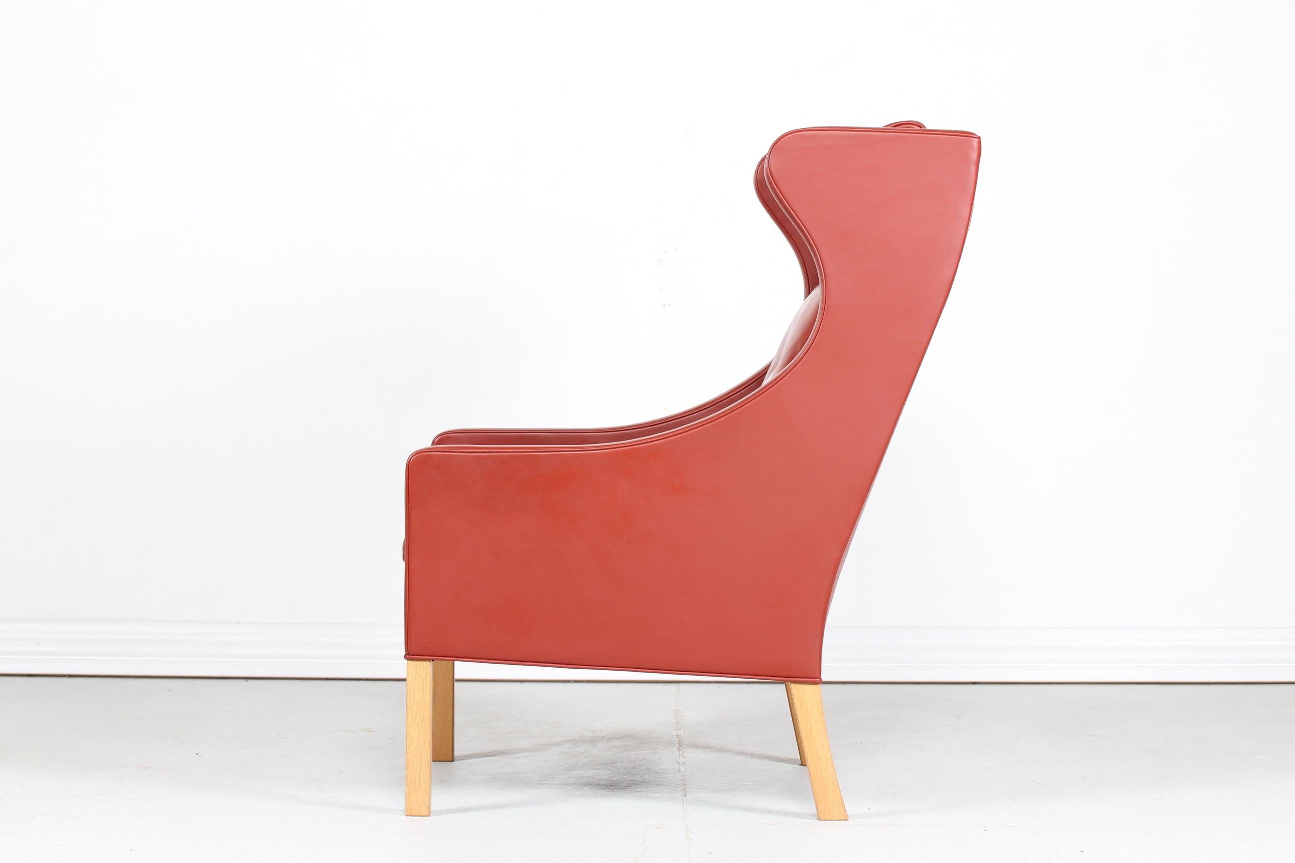 Danish Børge Mogensen Chair 2204 with Red Brown Leather by Fredericia Stolefabrik 