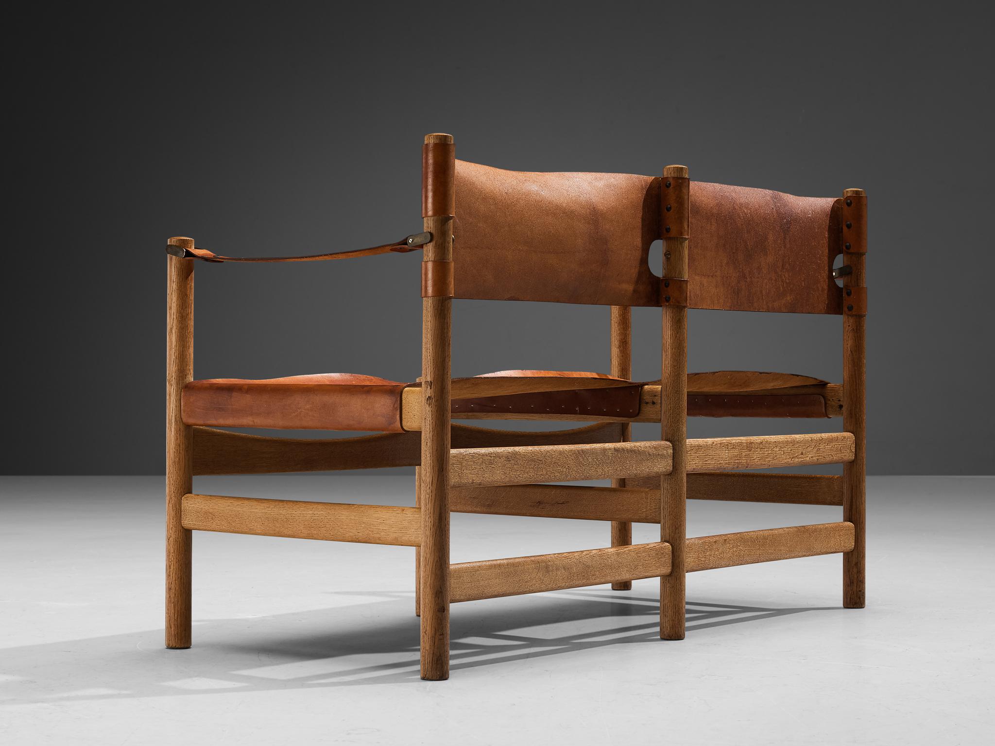 Brass Børge Mogensen for Fredericia ‘Safari’ Sofa in Saddle Leather and Oak