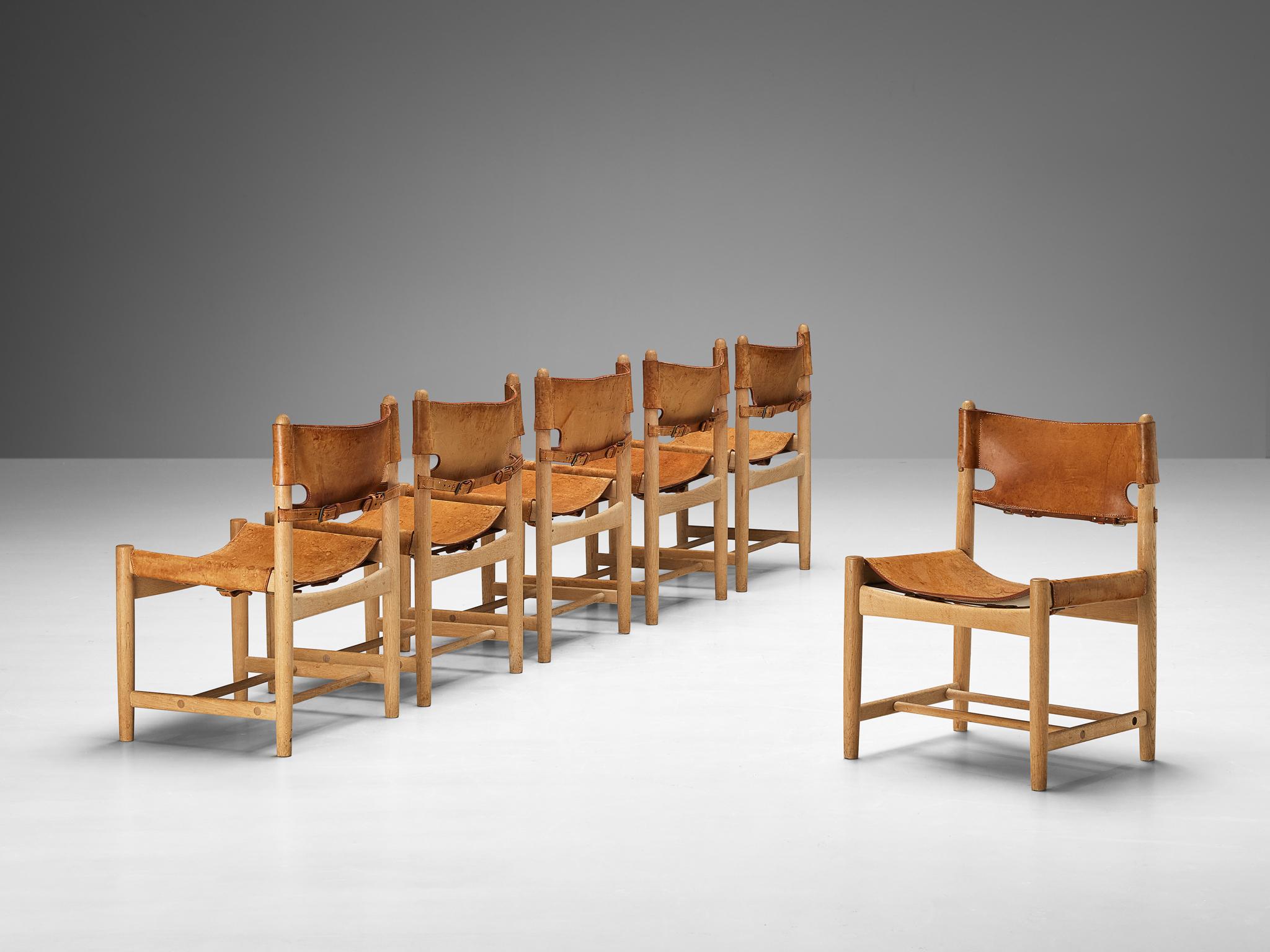 Børge Mogensen for Fredericia Set of Six Armchairs in Oak & Cognac Leather  In Good Condition For Sale In Waalwijk, NL