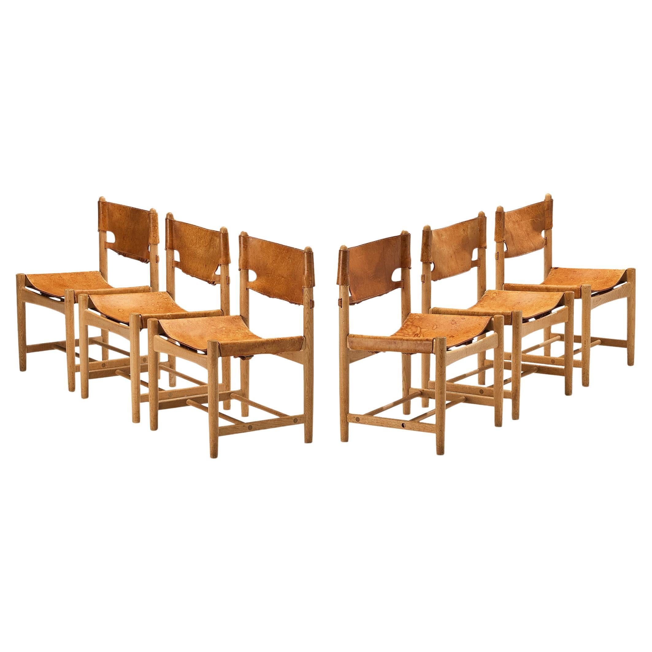 Børge Mogensen for Fredericia Set of Six Armchairs in Oak & Cognac Leather  For Sale