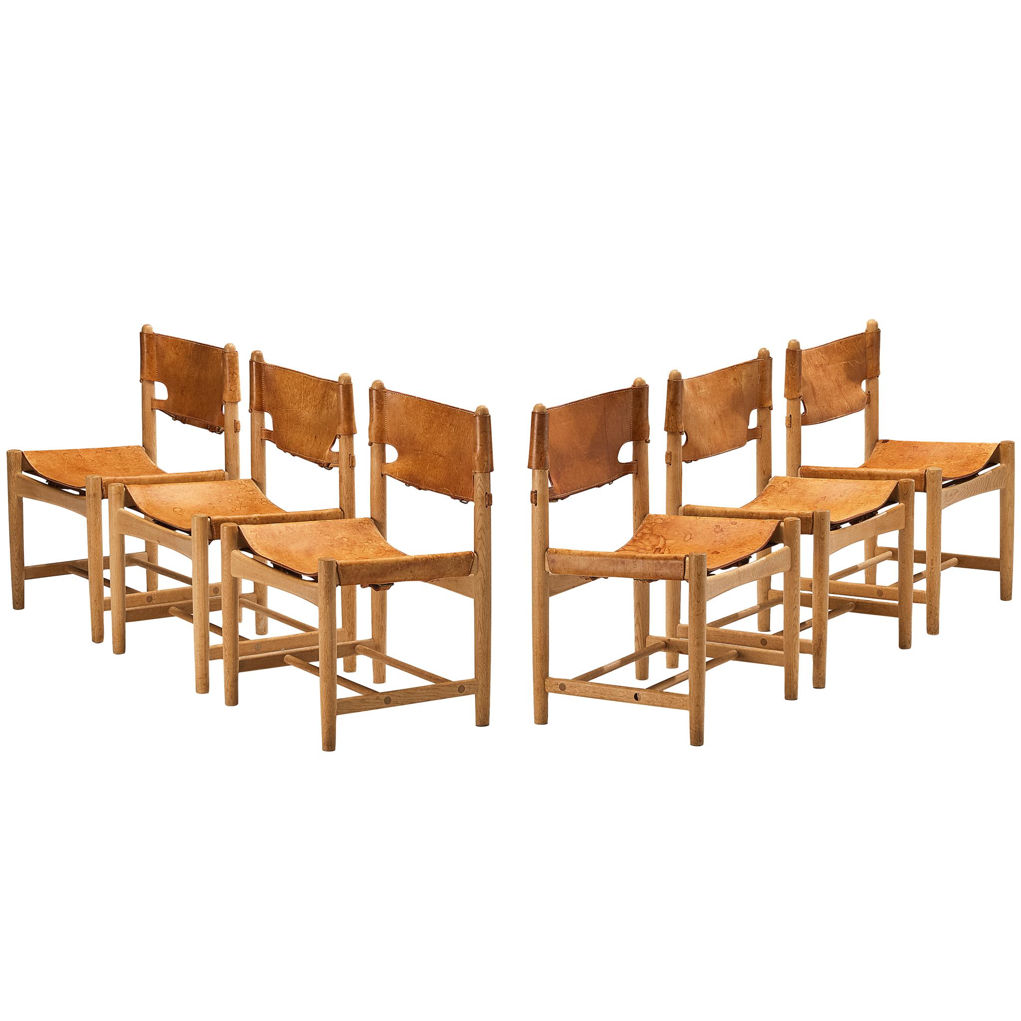 Børge Mogensen pour Fredericia Ensemble de six fauteuils en Oak Oak et cuir Cognac en vente