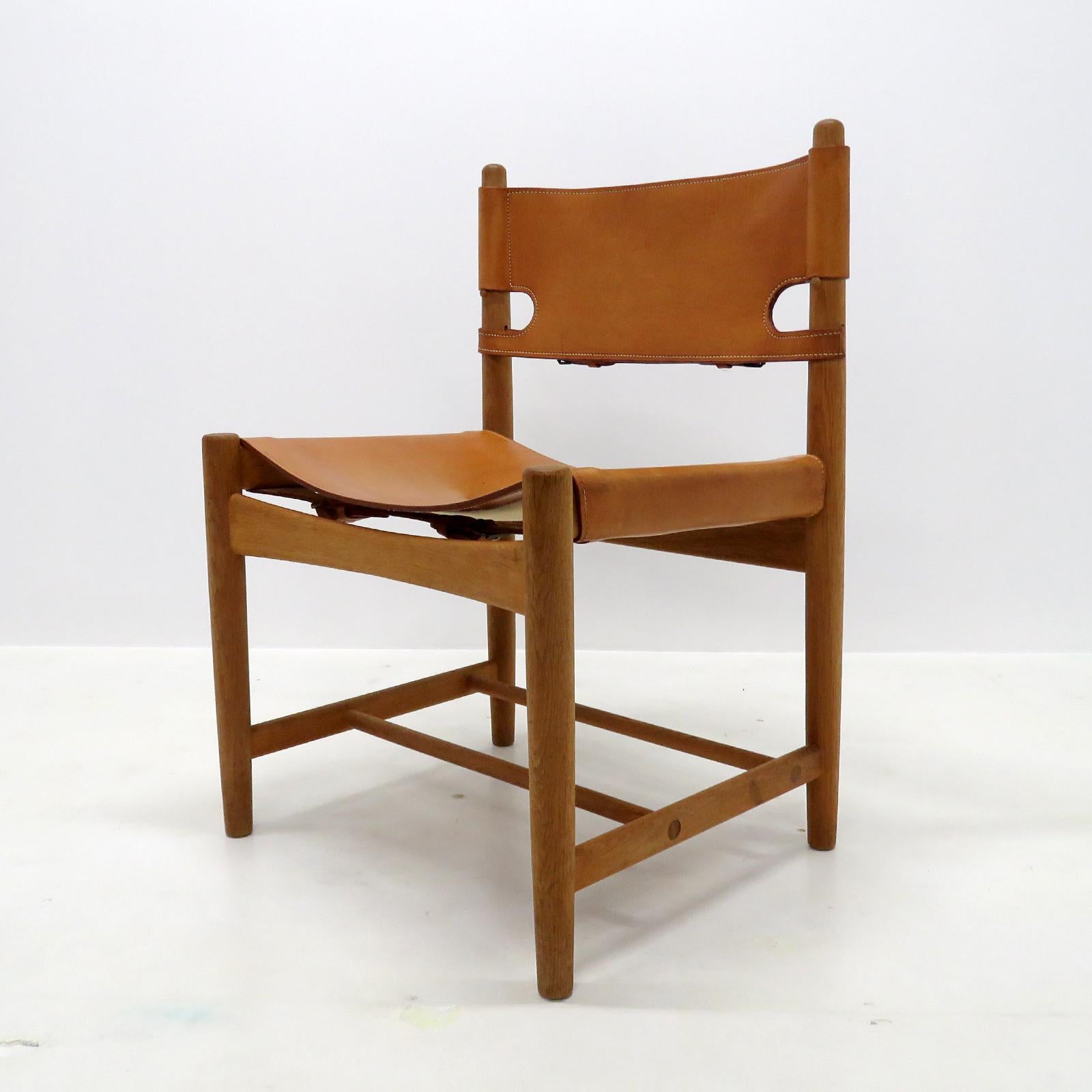 Wonderful Børge Mogensen 'Hunting' chairs, model no. 3237 for Fredericia Furniture, with saddle leather on oak frames, great patina. Priced individually.