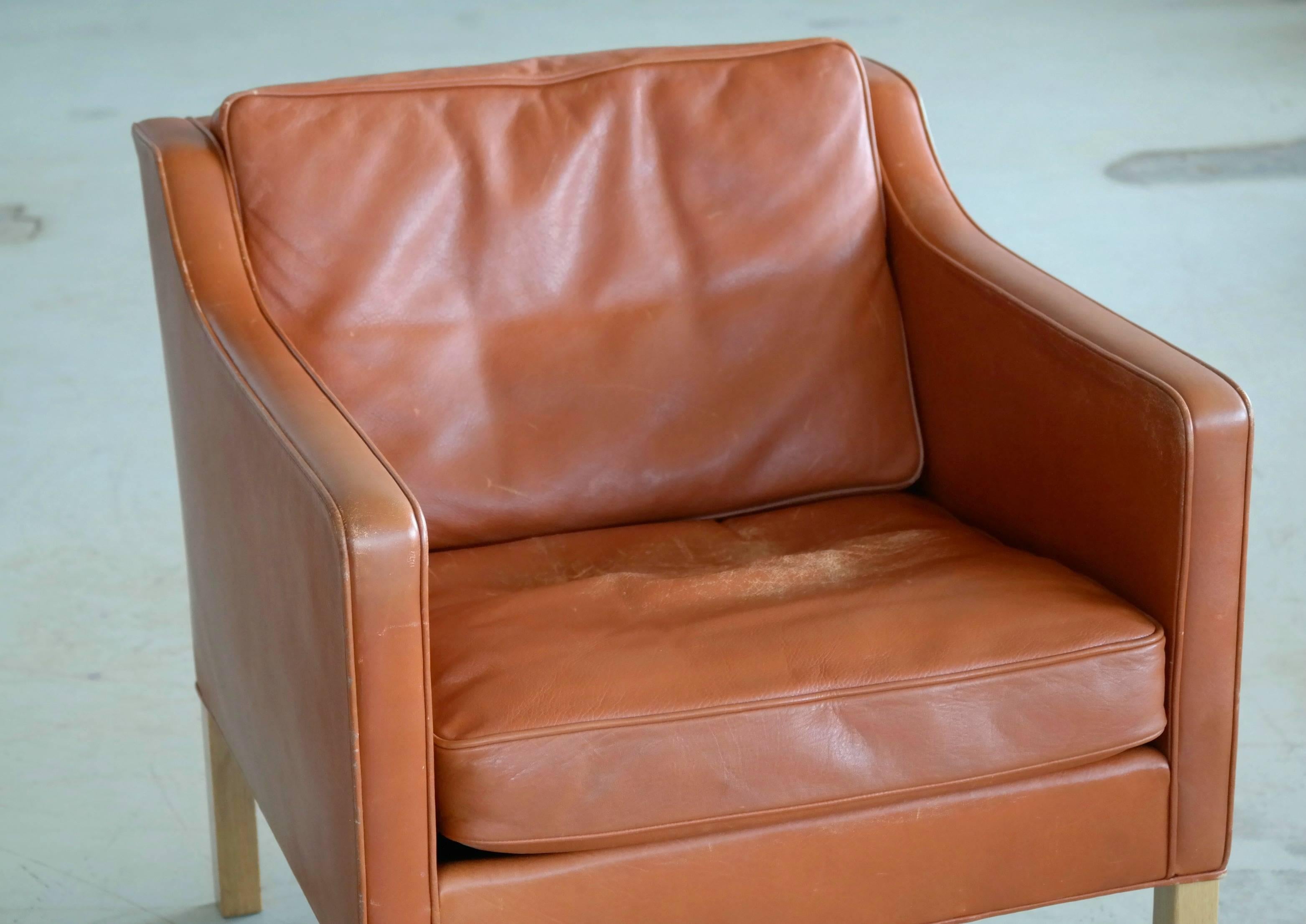 Danish Børge Mogensen Lounge Chair Model 2421 in Down Filled Cognac Colored Leather