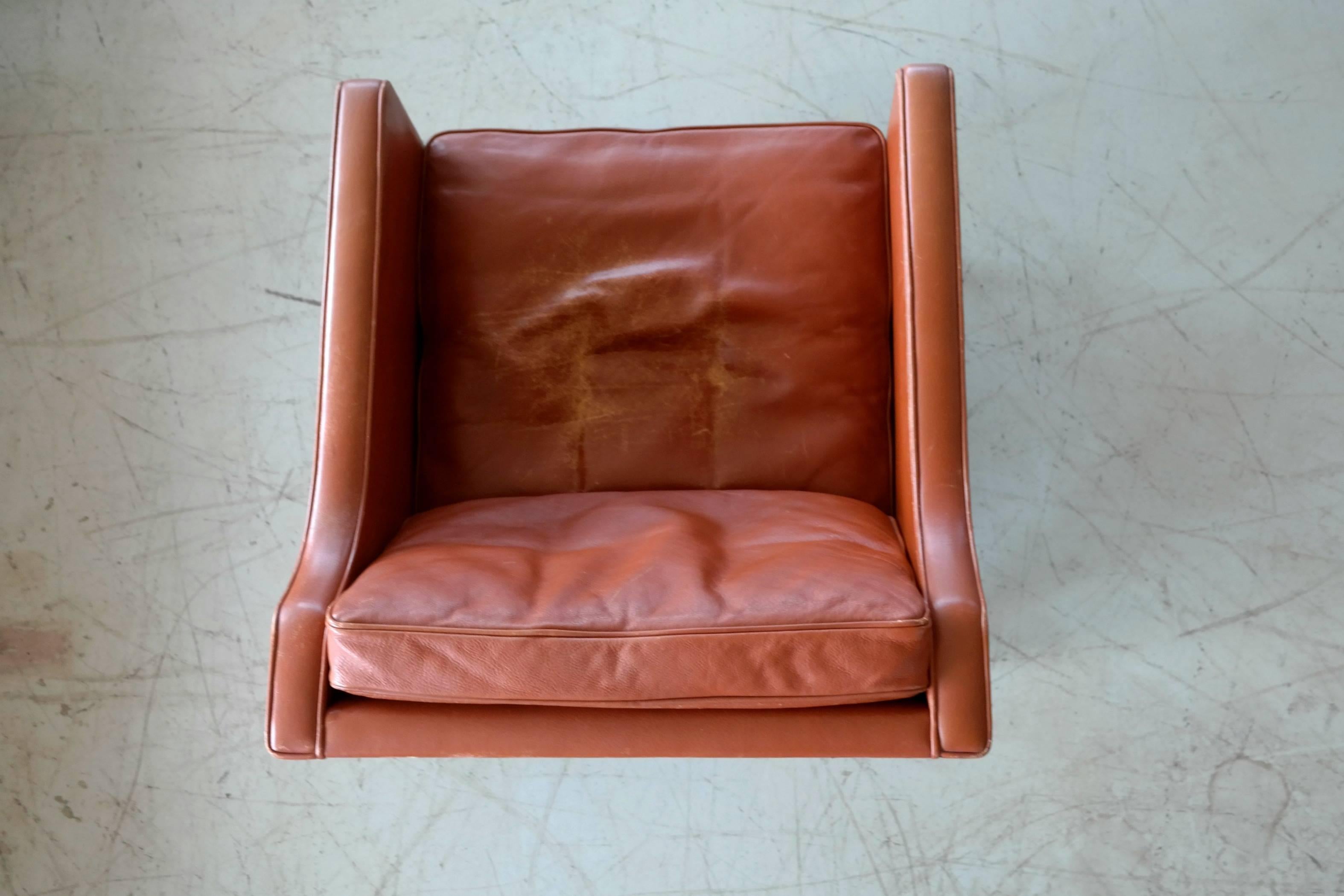 Børge Mogensen Lounge Chair Model 2421 in Down Filled Cognac Colored Leather 2