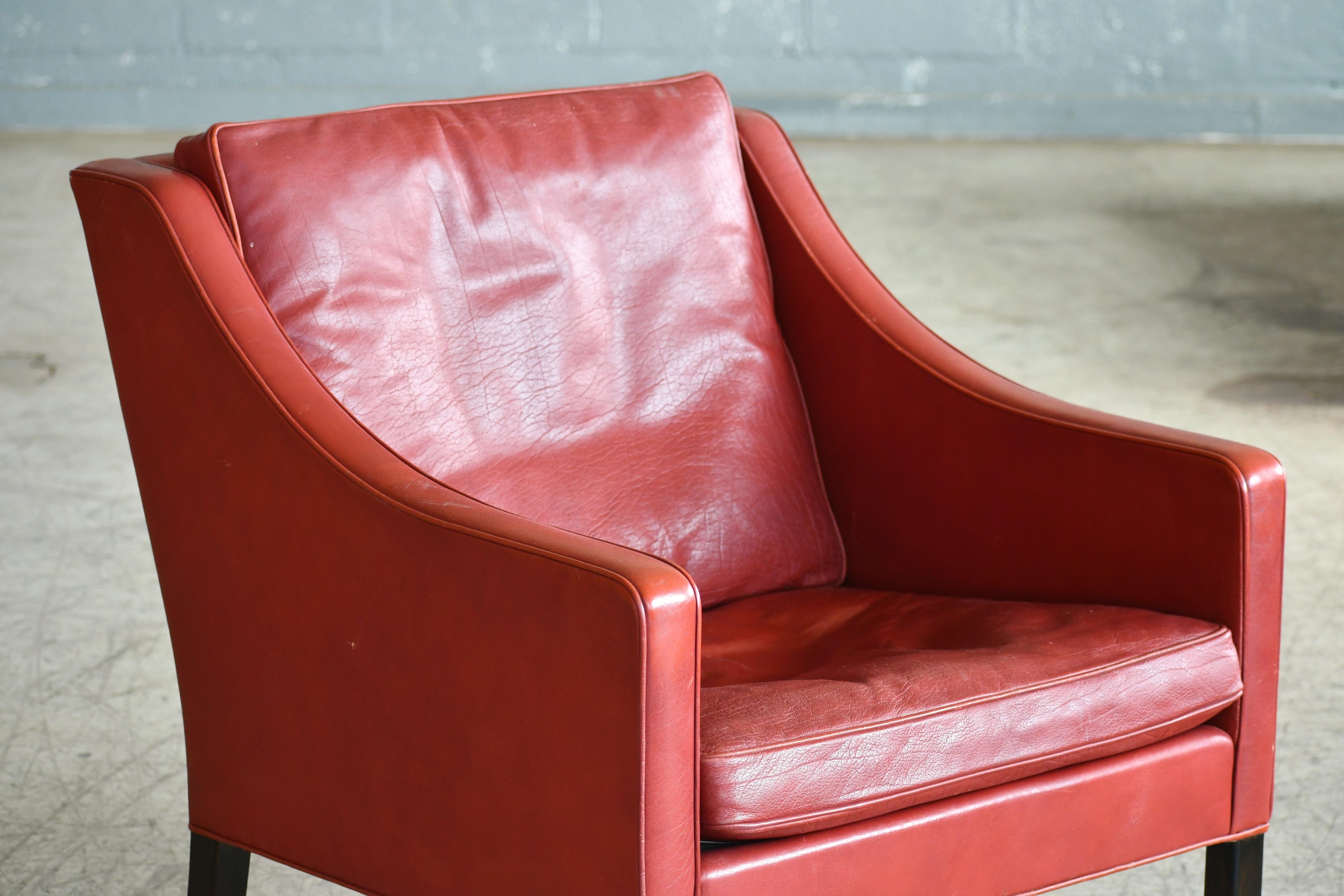 Scandinavian Modern Børge Mogensen Lounge Chair Model 2421 in Down Filled Red Leather