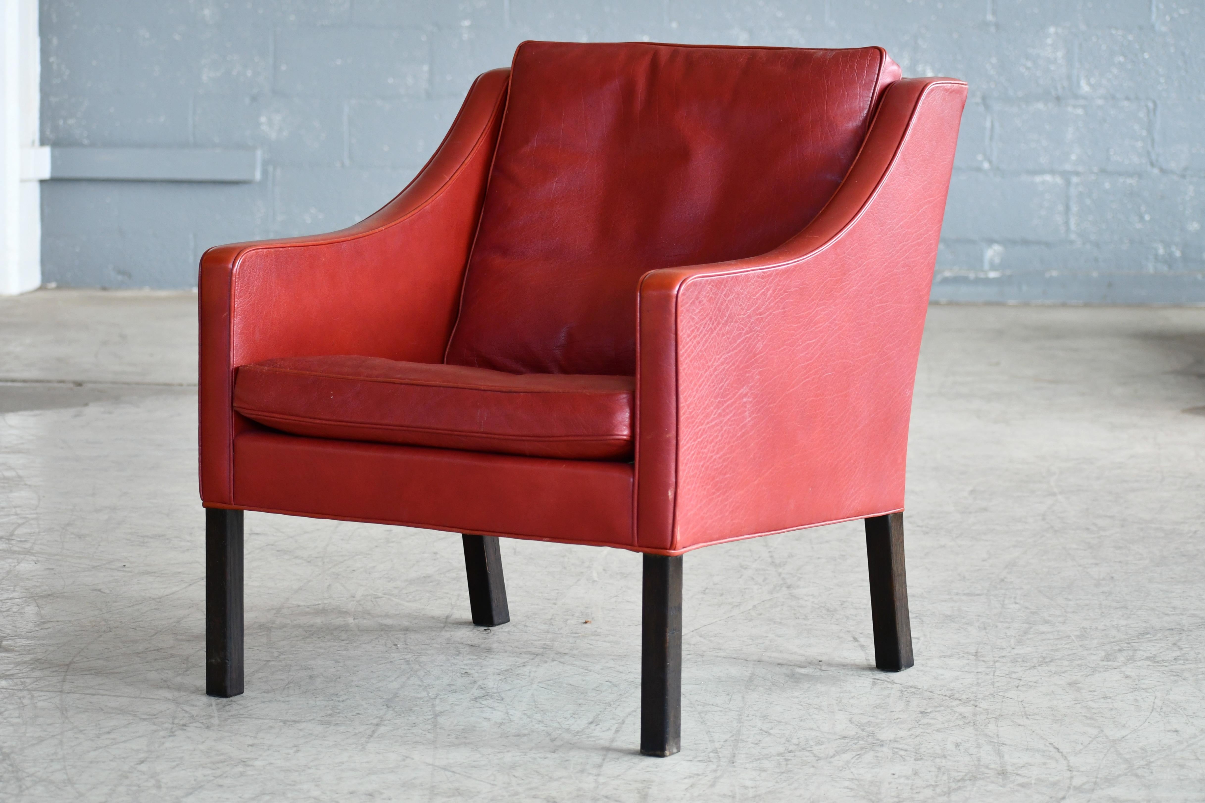 Børge Mogensen Lounge Chair Model 2421 in Down Filled Red Leather 1