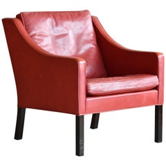 Børge Mogensen Lounge Chair Model 2421 in Down Filled Red Leather