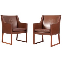 Børge Mogensen Lounge Chairs, Model 3246, Original Brown Leather, Mahogany Legs
