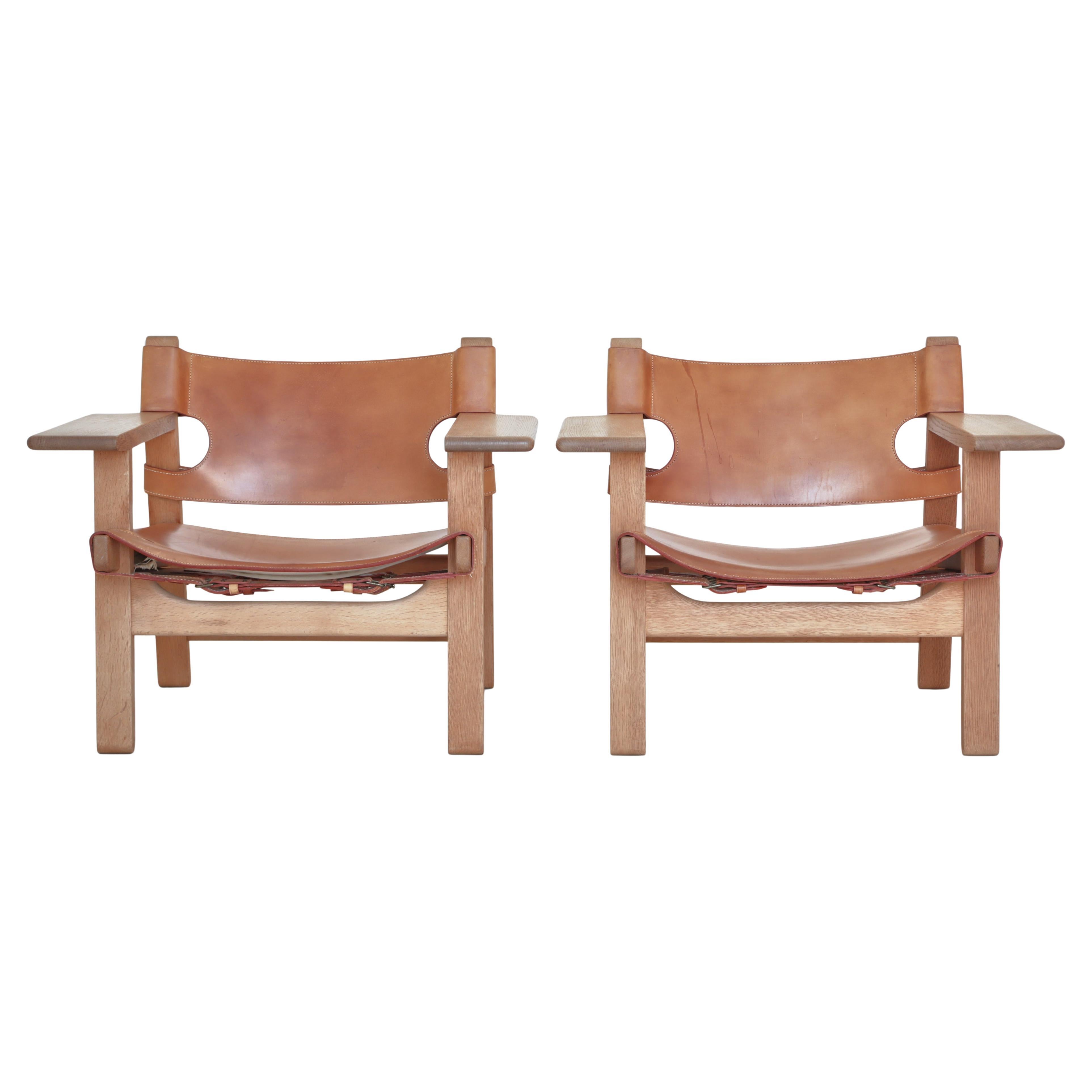 Børge Mogensen Lounge Chairs "Spanish Chairs" in Oak and Saddle Leather, 1960s