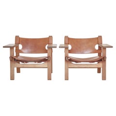 Børge Mogensen Lounge Chairs "Spanish Chairs" in Oak and Saddle Leather, 1960s