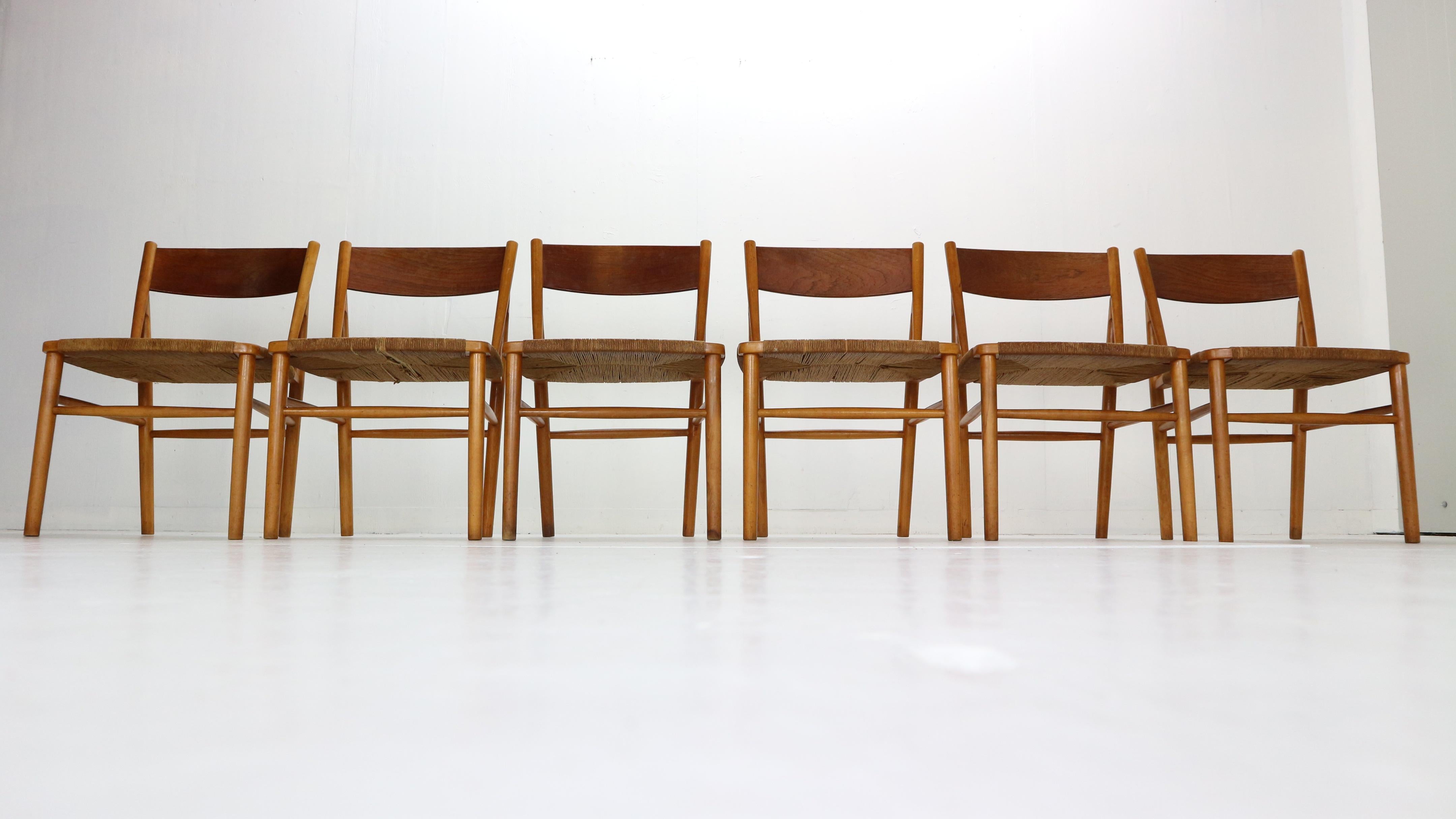 Hand-Woven Børge Mogensen ‘Model 157’ Set of 6 Dinning Room Chairs for Søborg Møbler, 1950