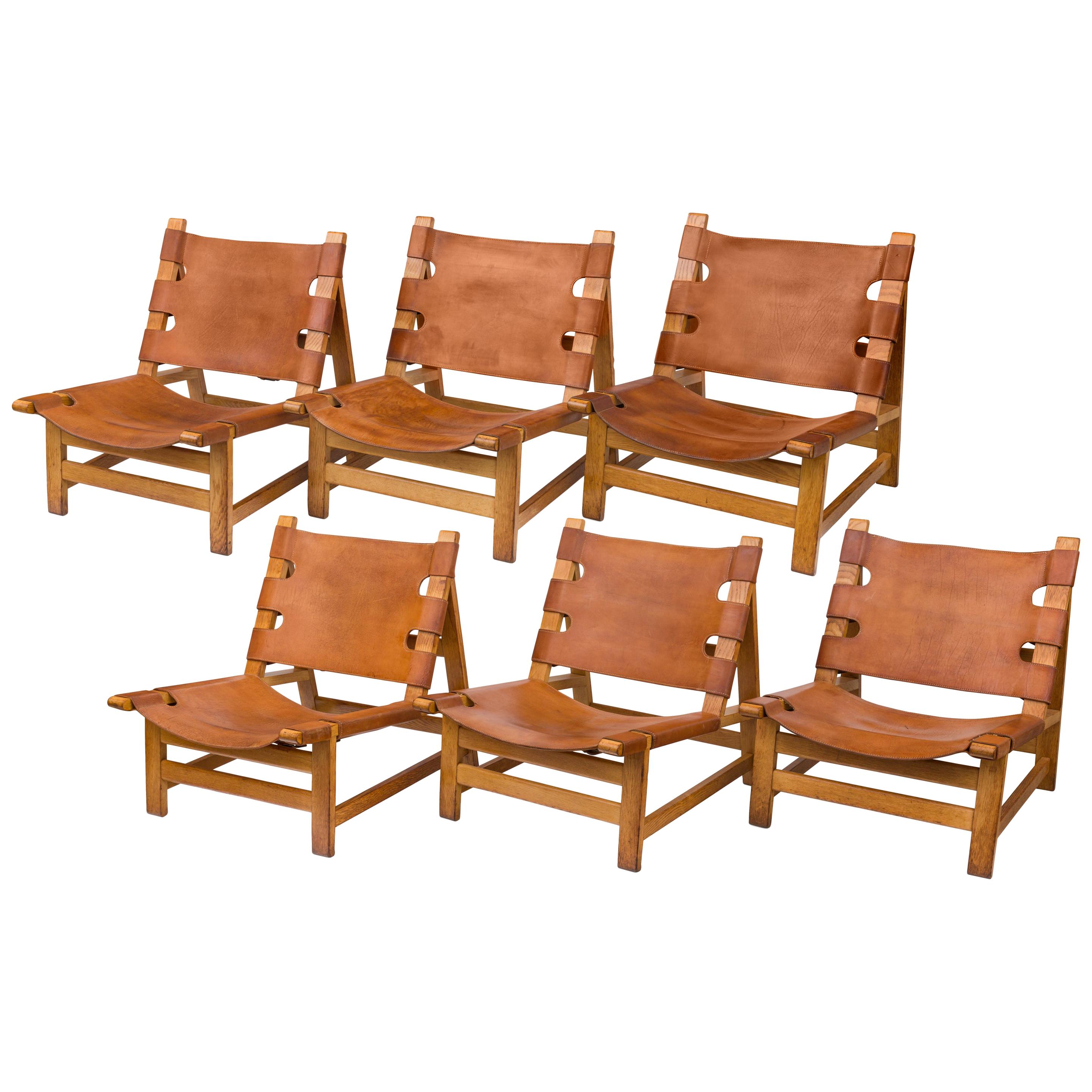 Børge Mogensen Oak and Leather Lounge Chairs, Denmark, 1960s
